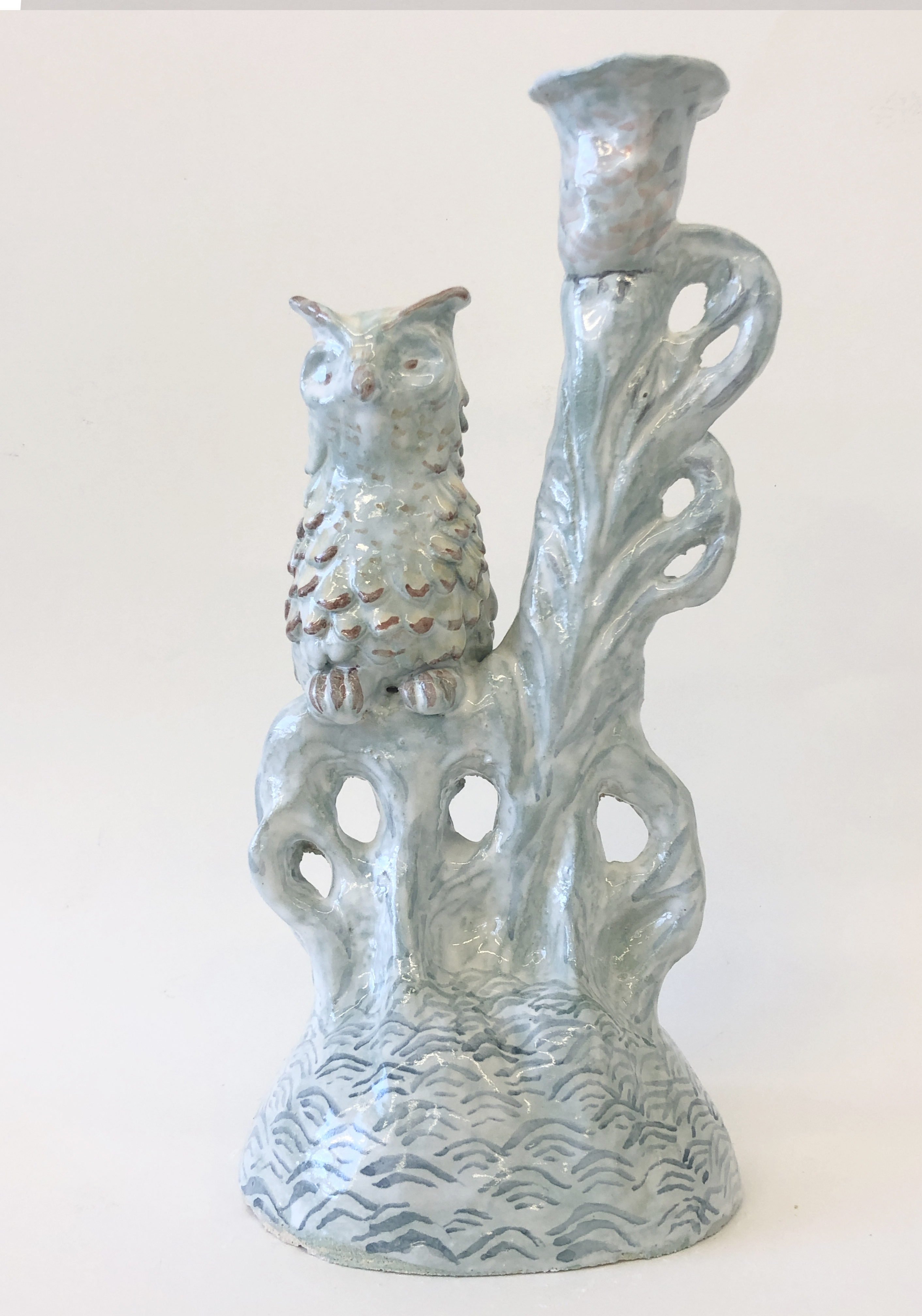 owl candle holder, glazed stoneware