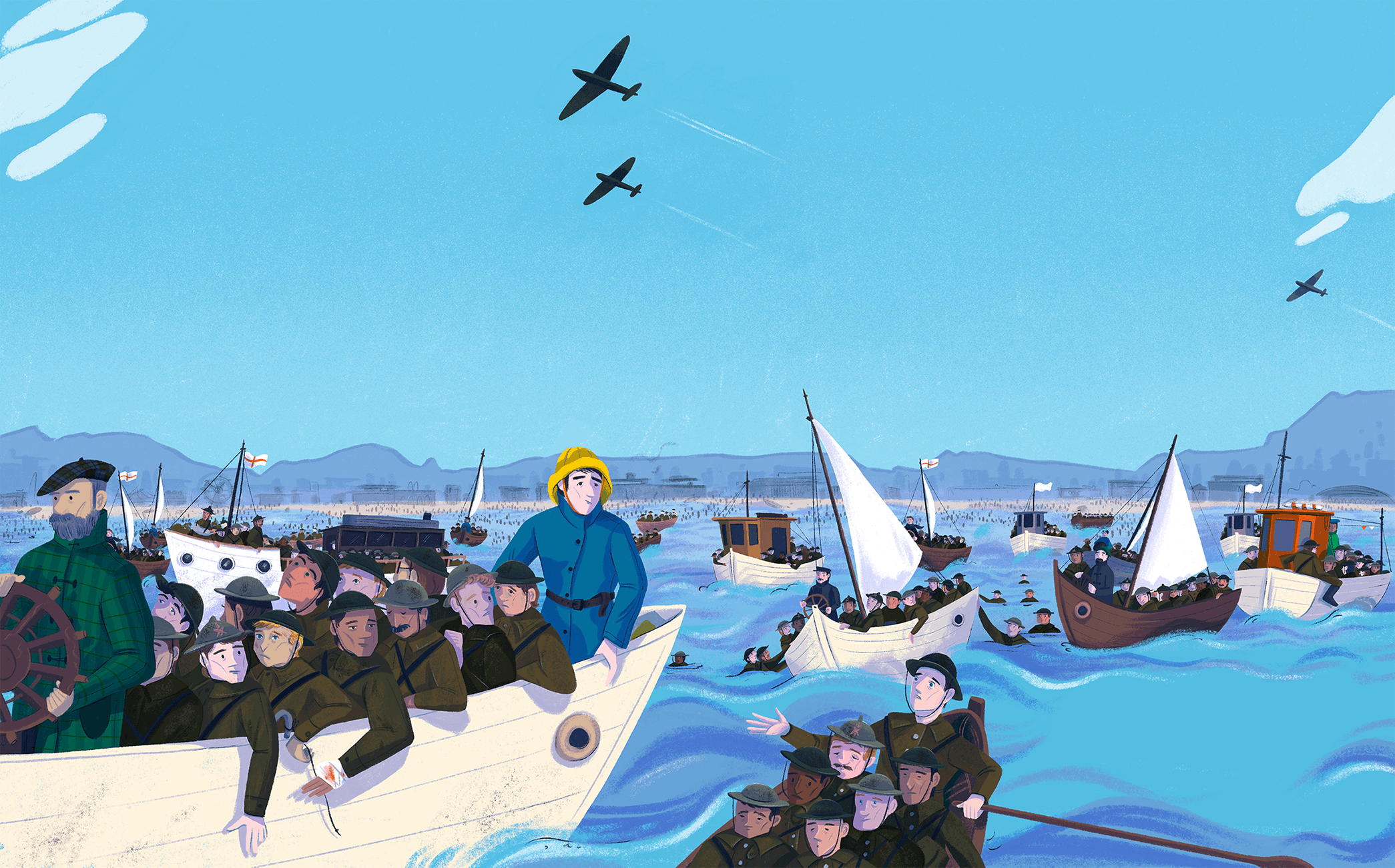 Boats filled with soldiers being rescued by British civilians to Dunkirk.