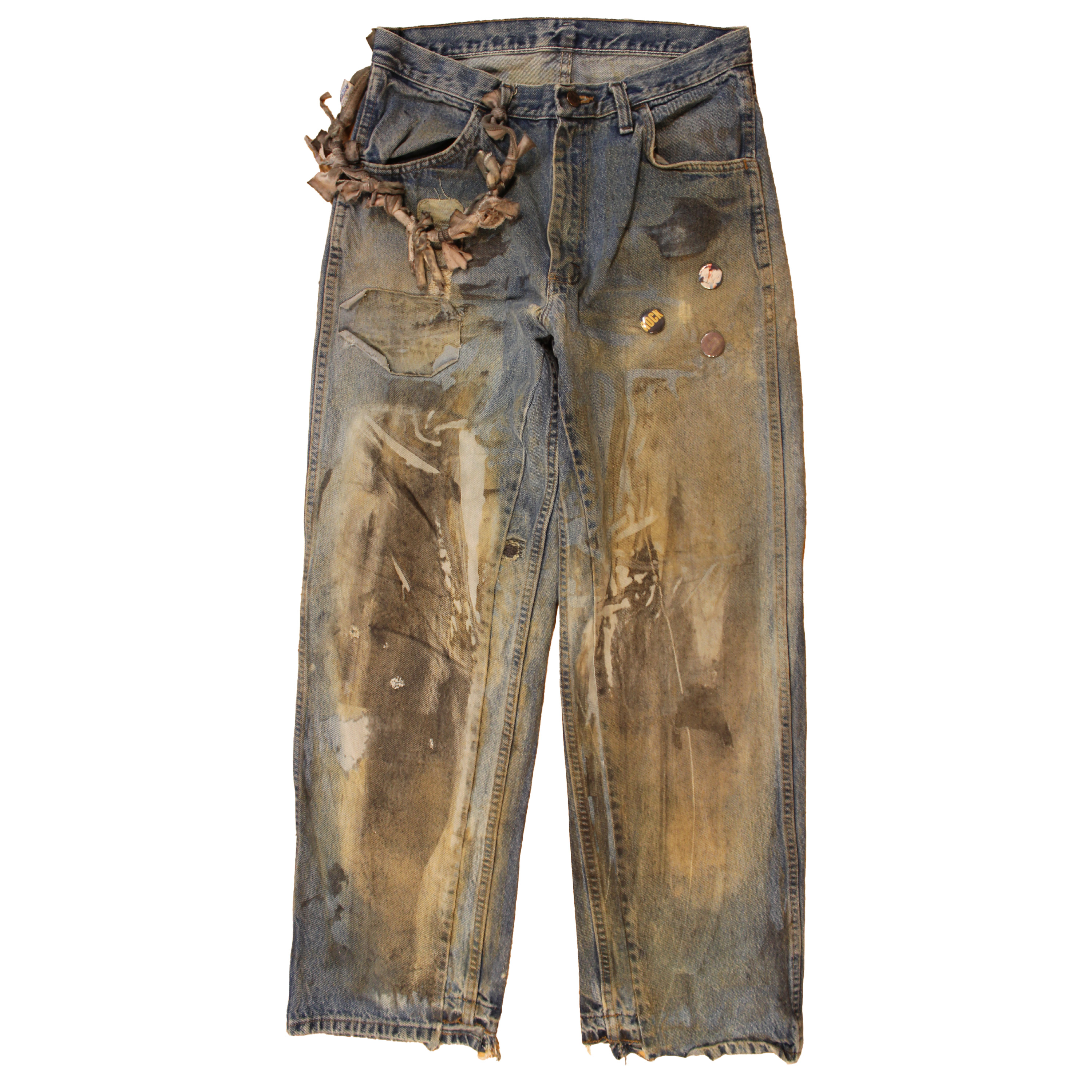 reclaimed vintage surplus denim screen printed with textile dye & various metals. tailored for straight/wide fit. fitted with custom keychain, scrap chain, and leather patches