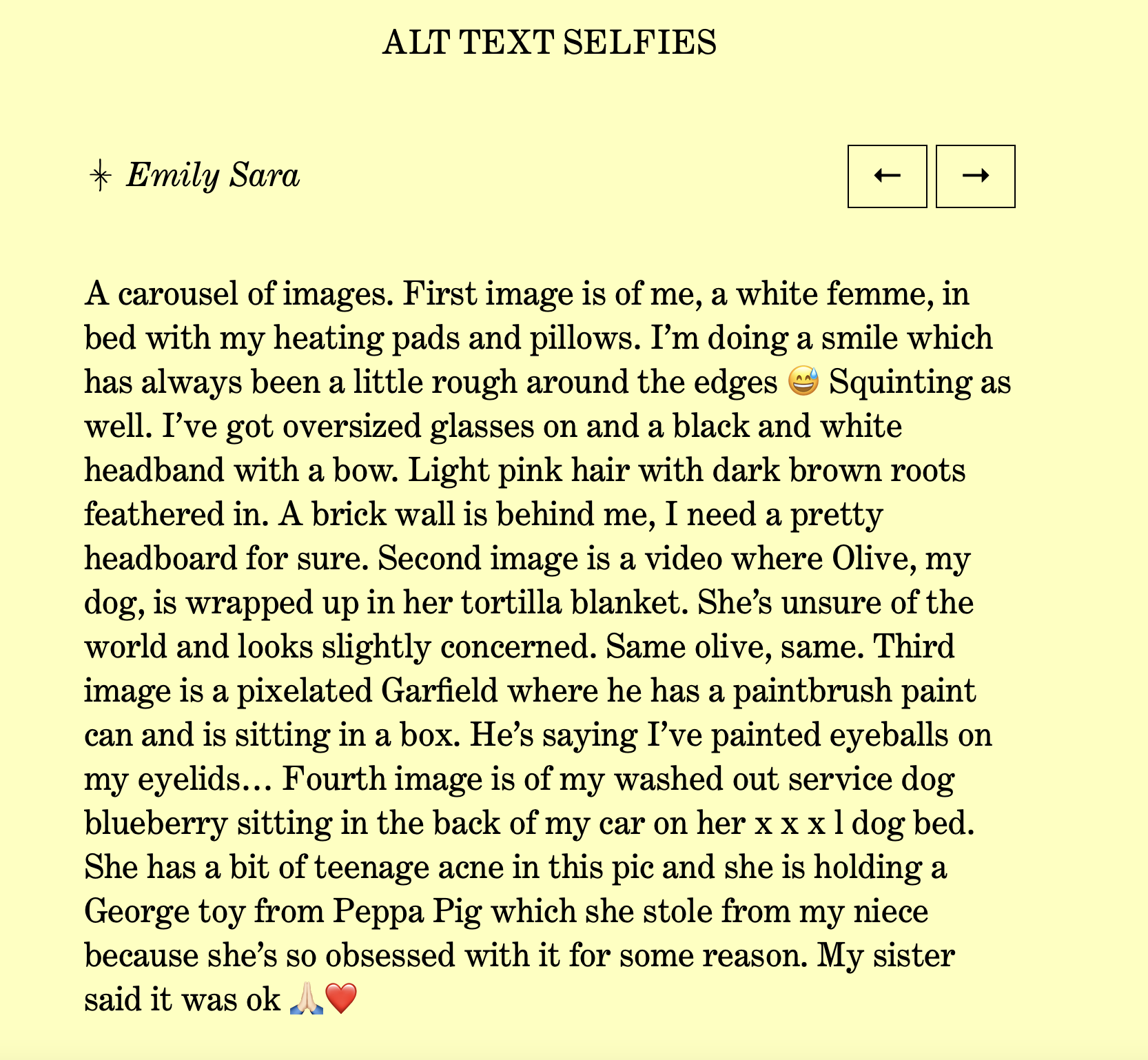 Some Things (A yellow box with text from alt text selfies.)