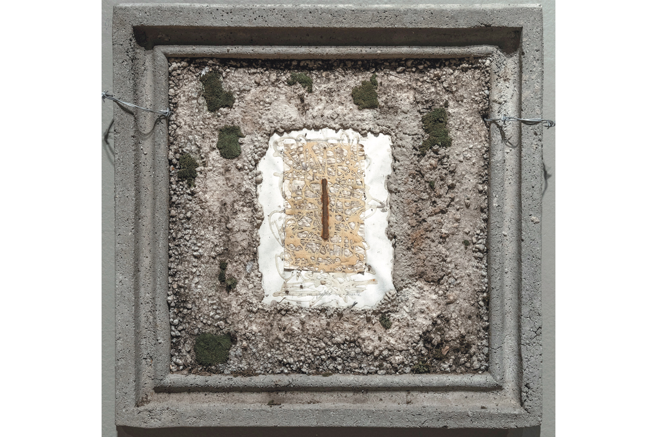 Carlos AltamiranoPsicoanálisis, 2003-2019TScrew, paper, ink, glue, moss, wire, and cement.60 x 60 cm