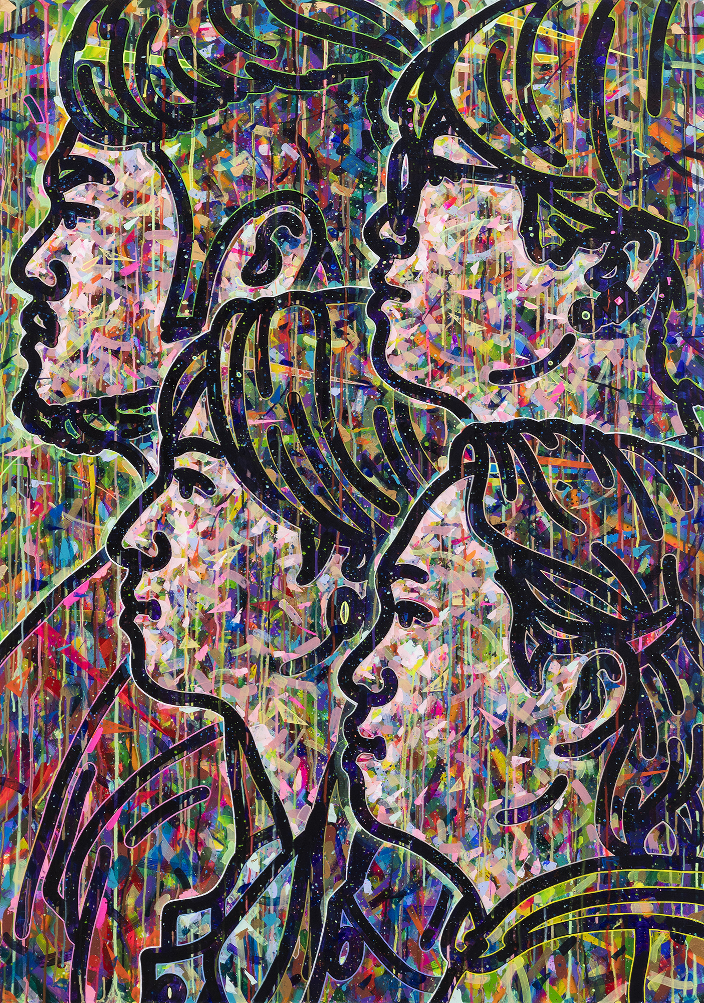 〈The Q #10(상영, 혜린, 수빈, 정숙조신)〉, 2019, 캔버스에 아크릴, 색연필, 스프레이 페인트, 145.5 &times; 102cmThe Q #10(Sangyoung, Hyerin, Subin, Jeongsukjoshin), 2019, acrylic, color pencil, spray paint on canvas, 145.5 &times; 102cm