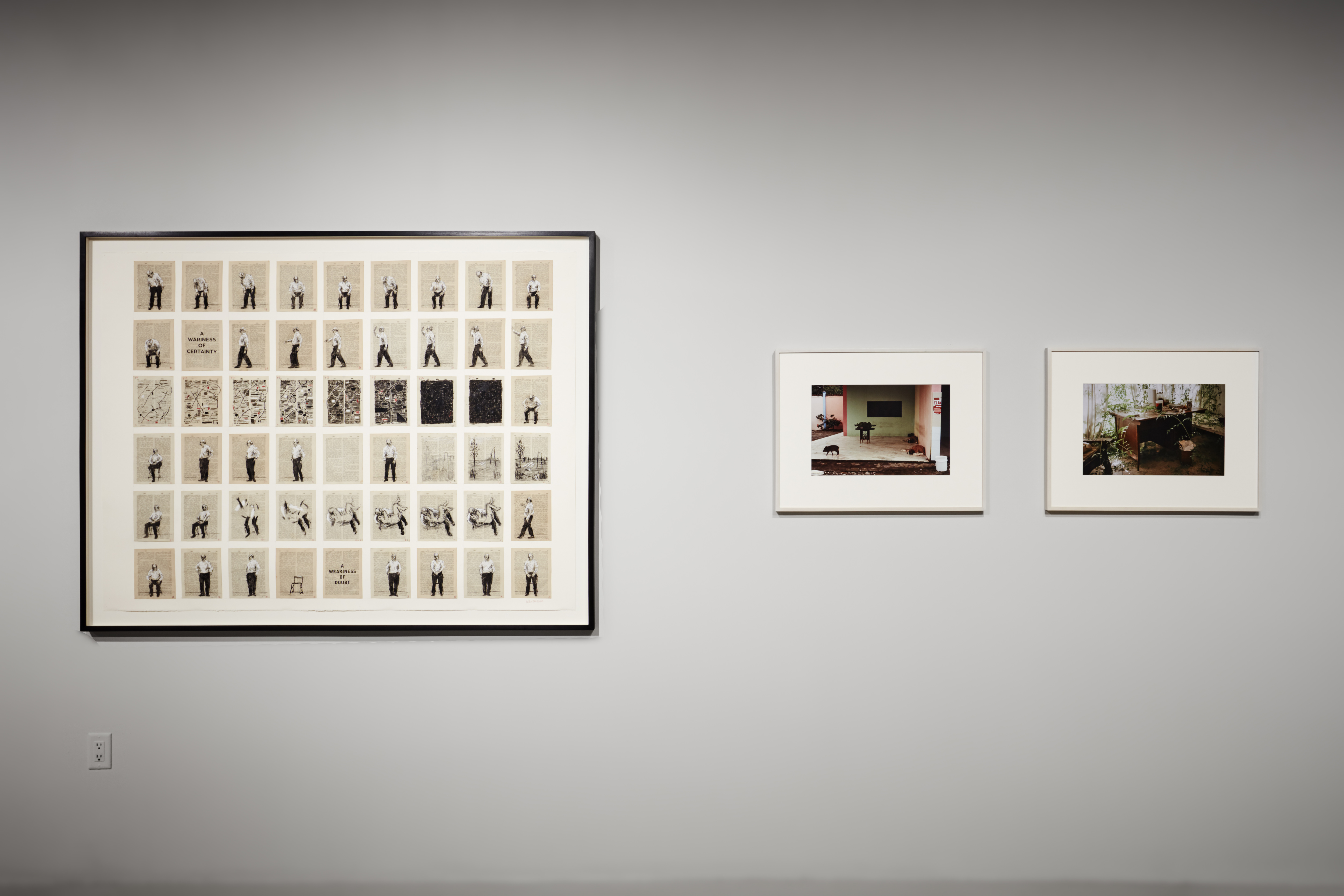   William Kentridge, A Wariness of Certainty, 2013, charcoal and pastel drawings on book pages. Gabriel Orozco, Home, 2007, chromogenic print. Gabriel Orozco, Mi Oficina II, 1992, cibachrome print. (Credit: Go Sugimoto)