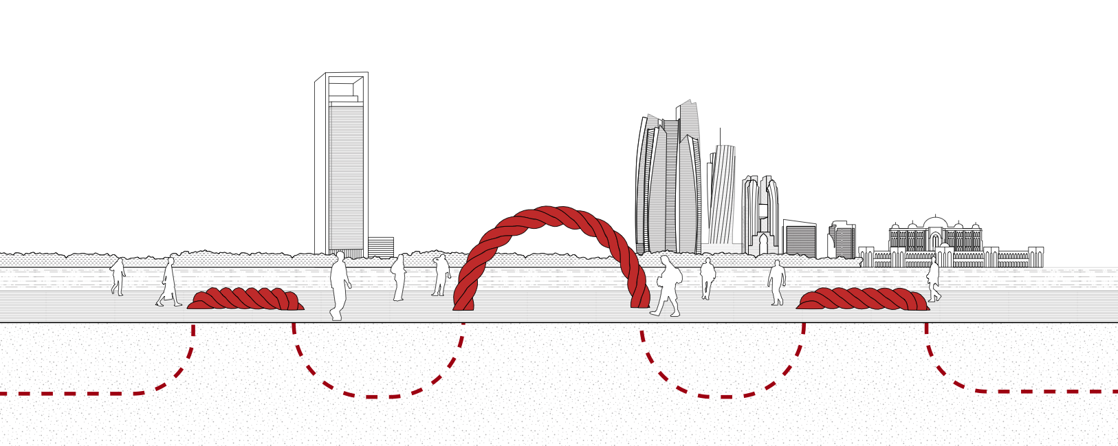 Conceptual drawing of Urban Fabric intertwined into the ground