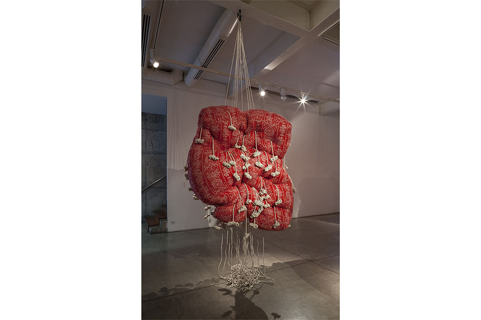 Marcela CorreaPeso muerto: Remigio Maturana, 2011Printed fabric, wool stuffing and cotton cords170 x 124 x 130 cm