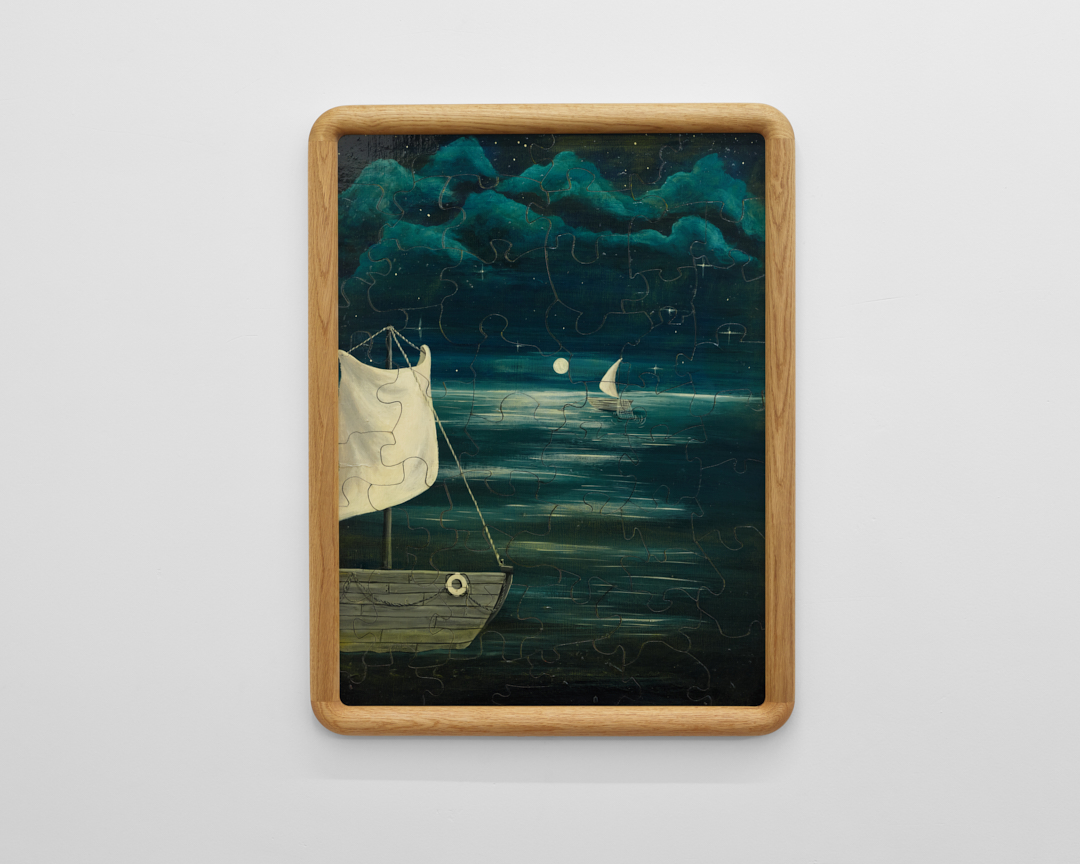 Tyler Hays, Ship in Gentle Sea, hand-painted jigsaw puzzle, 26 x 20 in. © Tyler Hays.