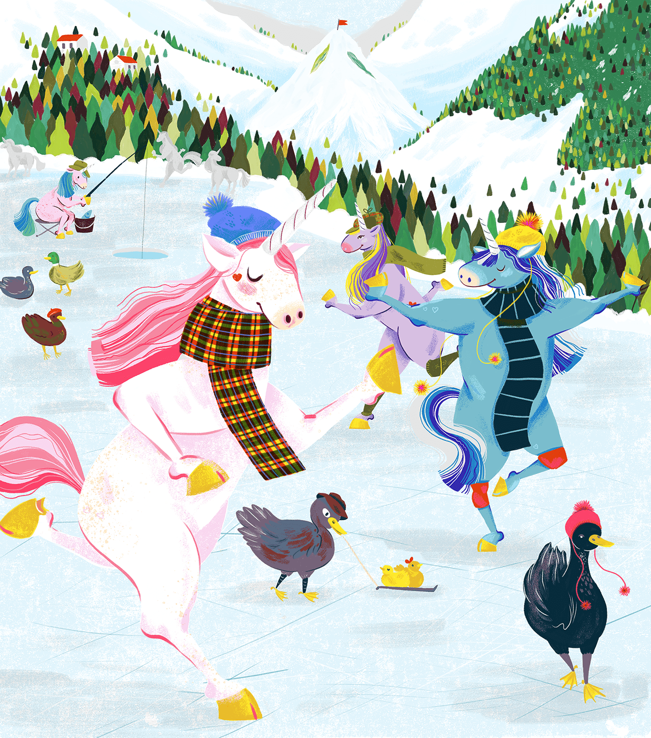 Unicorns and ducks skating on an ice rink