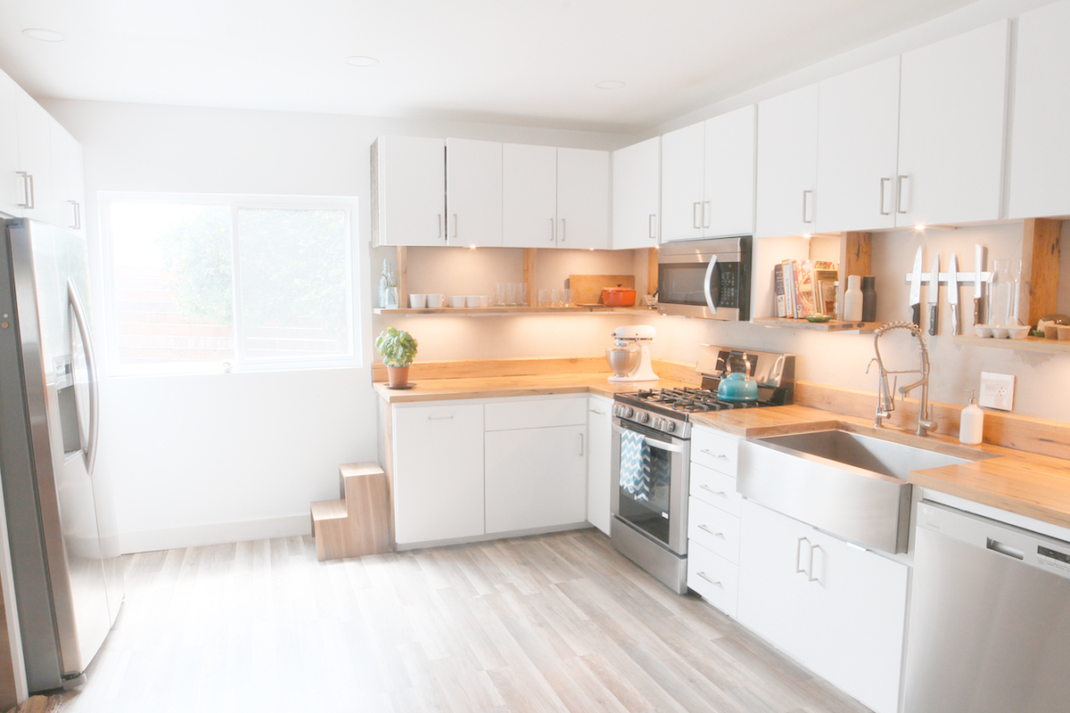 Modern White Kitchen With Oak Countertops Los Angeles Ca