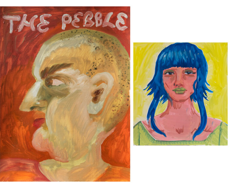 2 Paintings. The first painting shows a profile of a mans head. The man is bald with short stubble on his head. The text reads: "The pebble". The second painting is a portrait of a woman with blue hair. Her hair is short apart from two long strands that jut out from either side of her head.