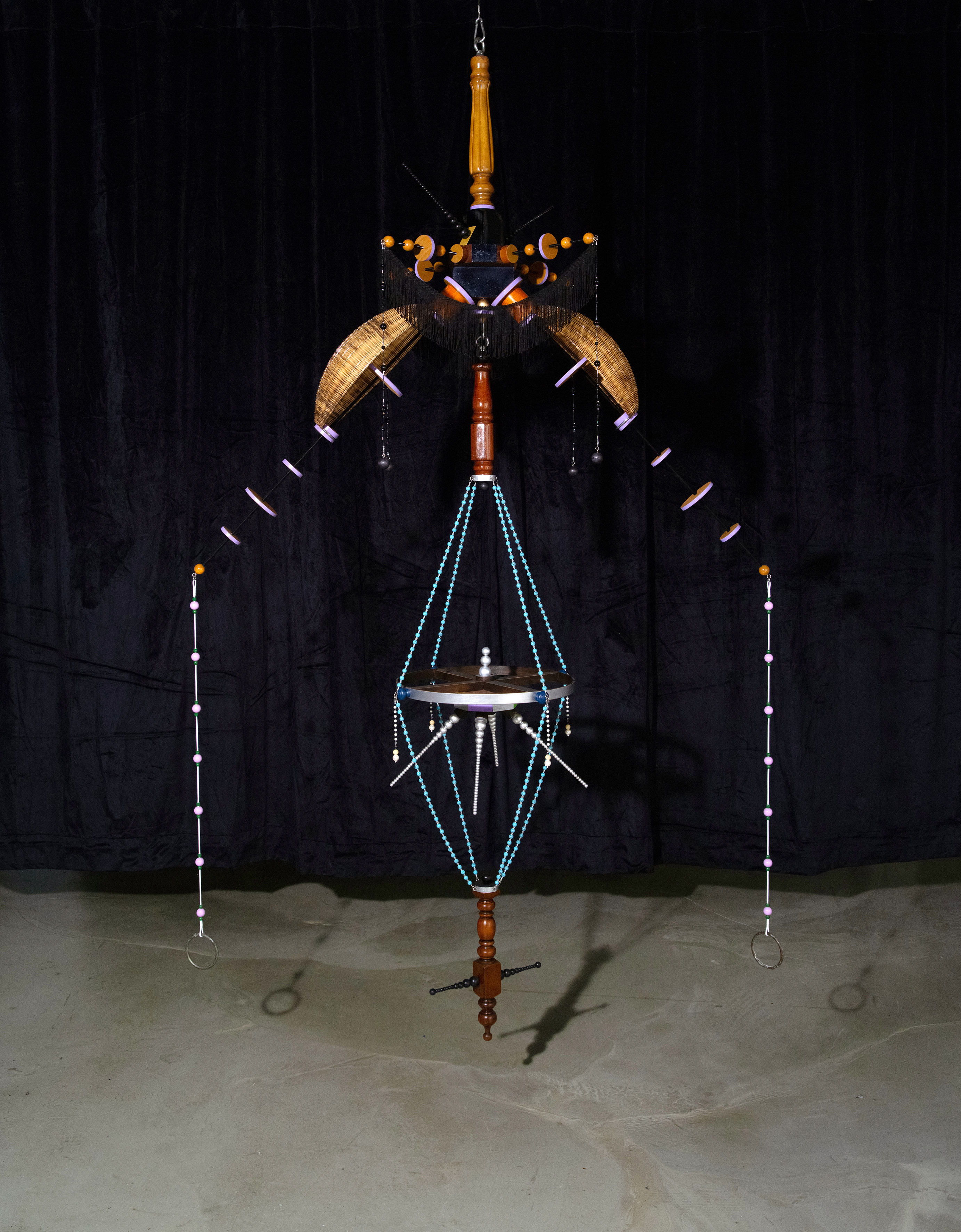 Skin_Layer (H-J), 2022, Collected objects, acrylic on wood, marvel, lace, 135 x 46 x 243(H)cm