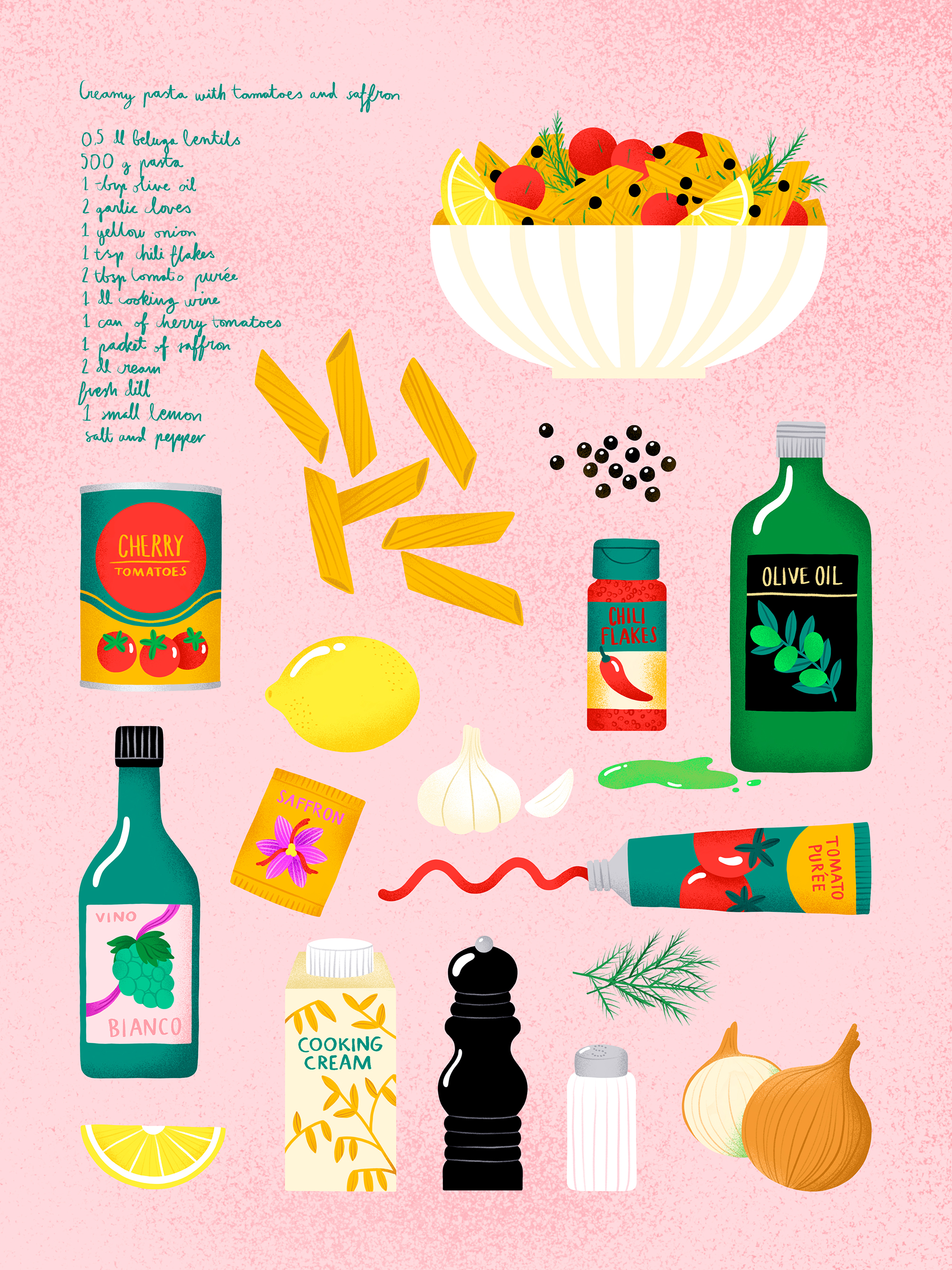 Creamy pasta recipe - Food illustration - Karin Söderquist