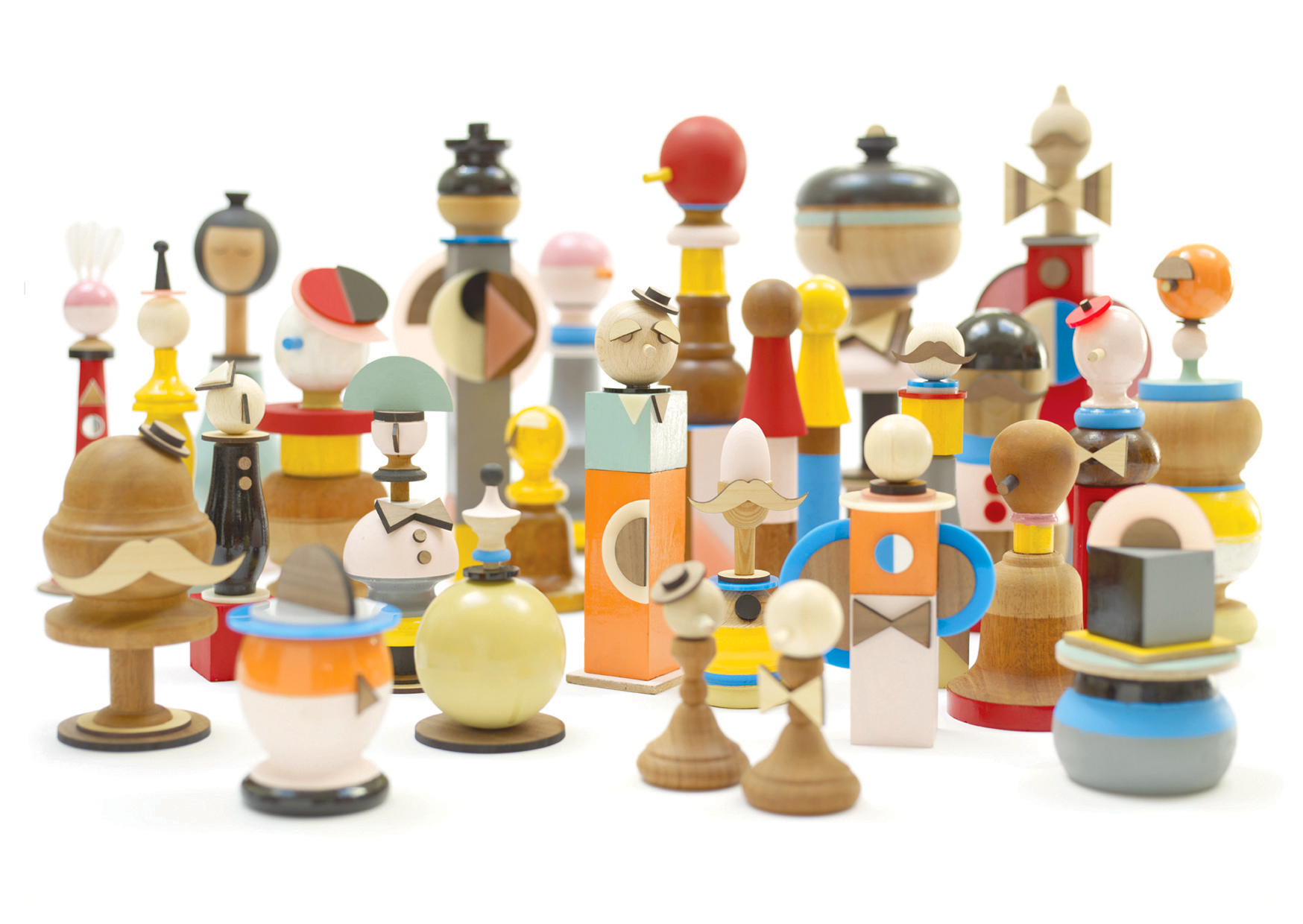 Ladies & Gentlemen, exhibited at Zetter Hotel. Series of figures made from reclaimed turned wood, laser cut ply, walnut, perspex & emulsion.