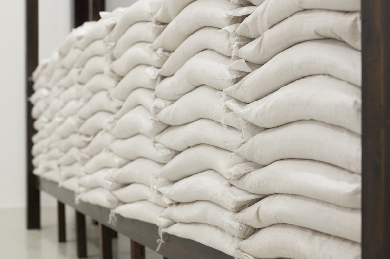 The Contagious Bride, 2012, variable size, wood, stain, screen, sand bags, plaster