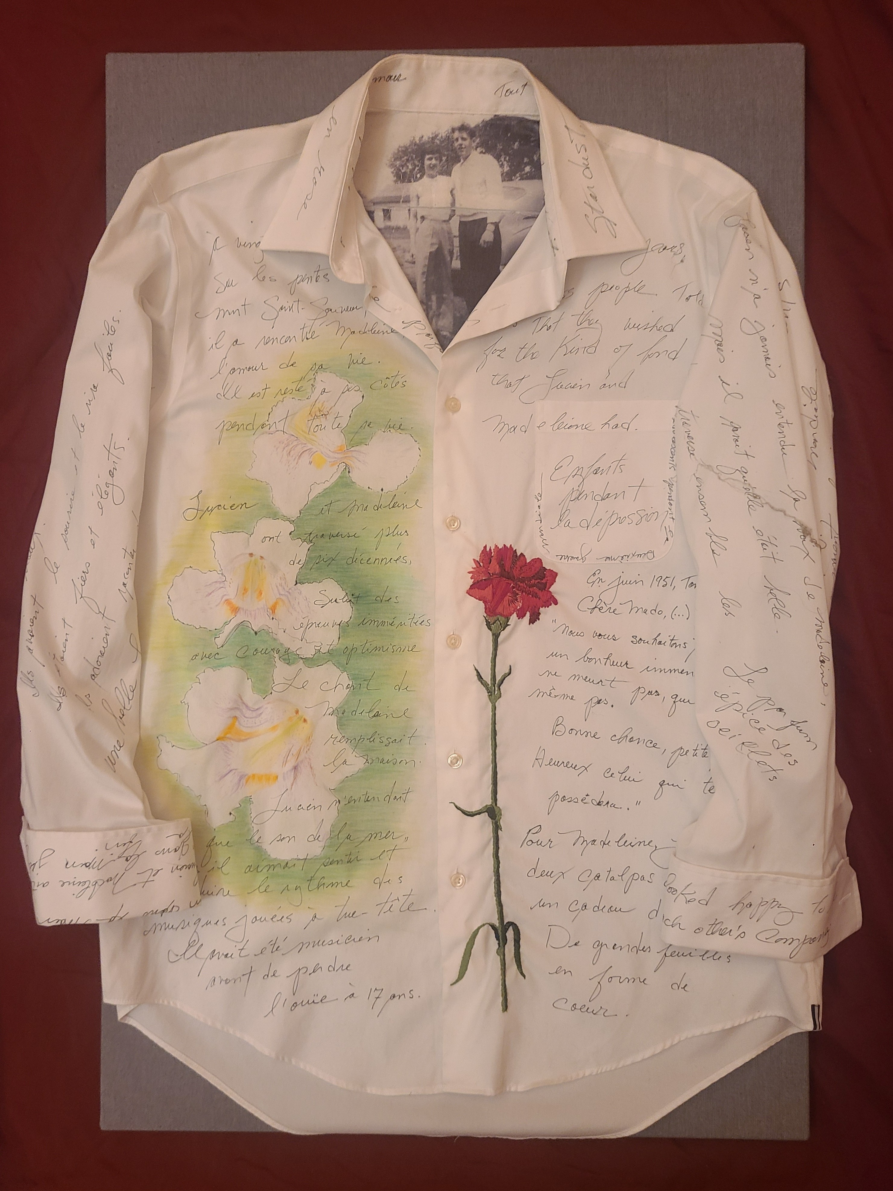 Madeleine et Lucien  (dessin, broderie et transfert de photo sur la chemise de mon père/drawing, embroidery, and photo transfer on my father's shirt)