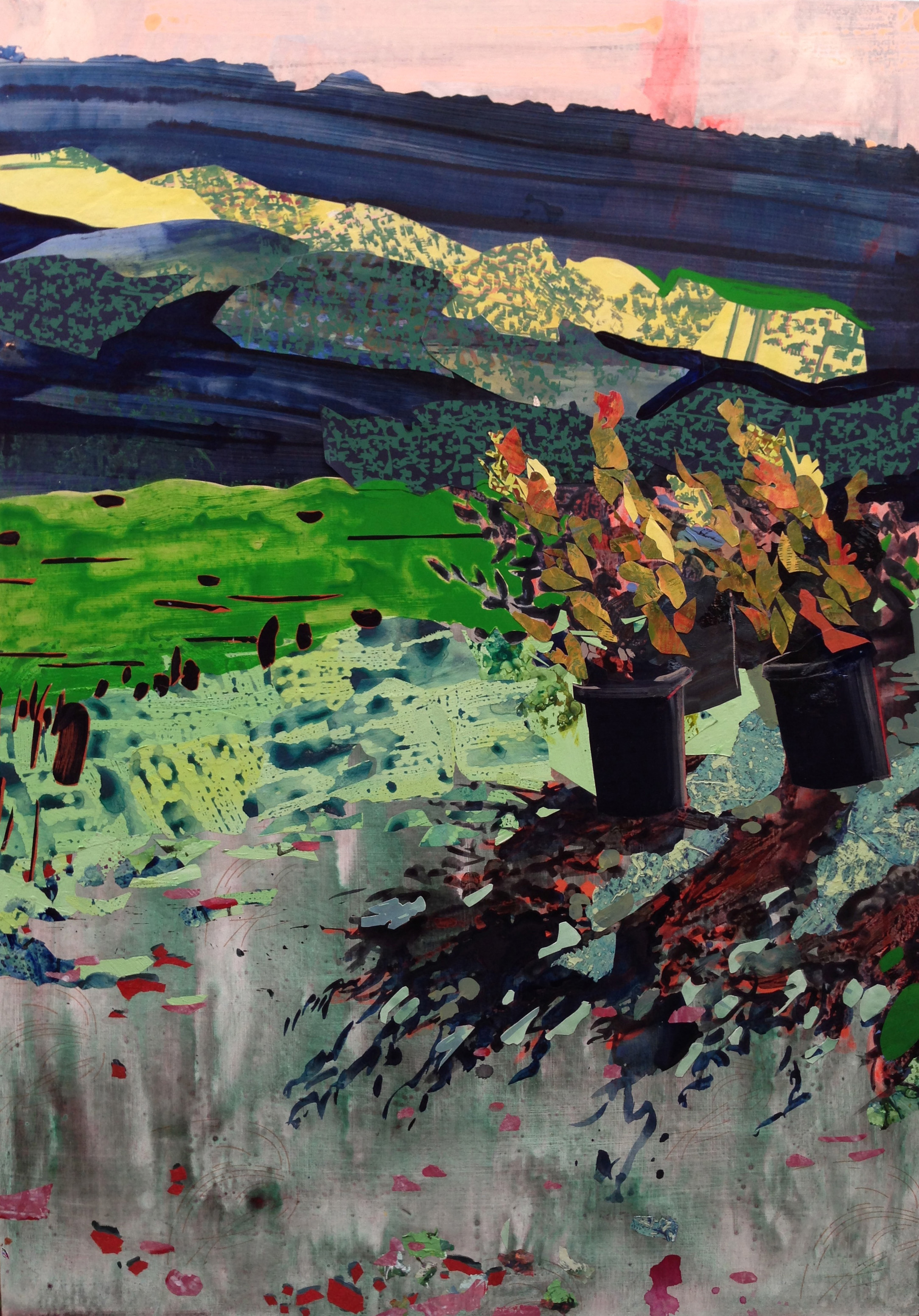  T-Y, Acrylic, paper and screen print on panel, 46"x65," 2014