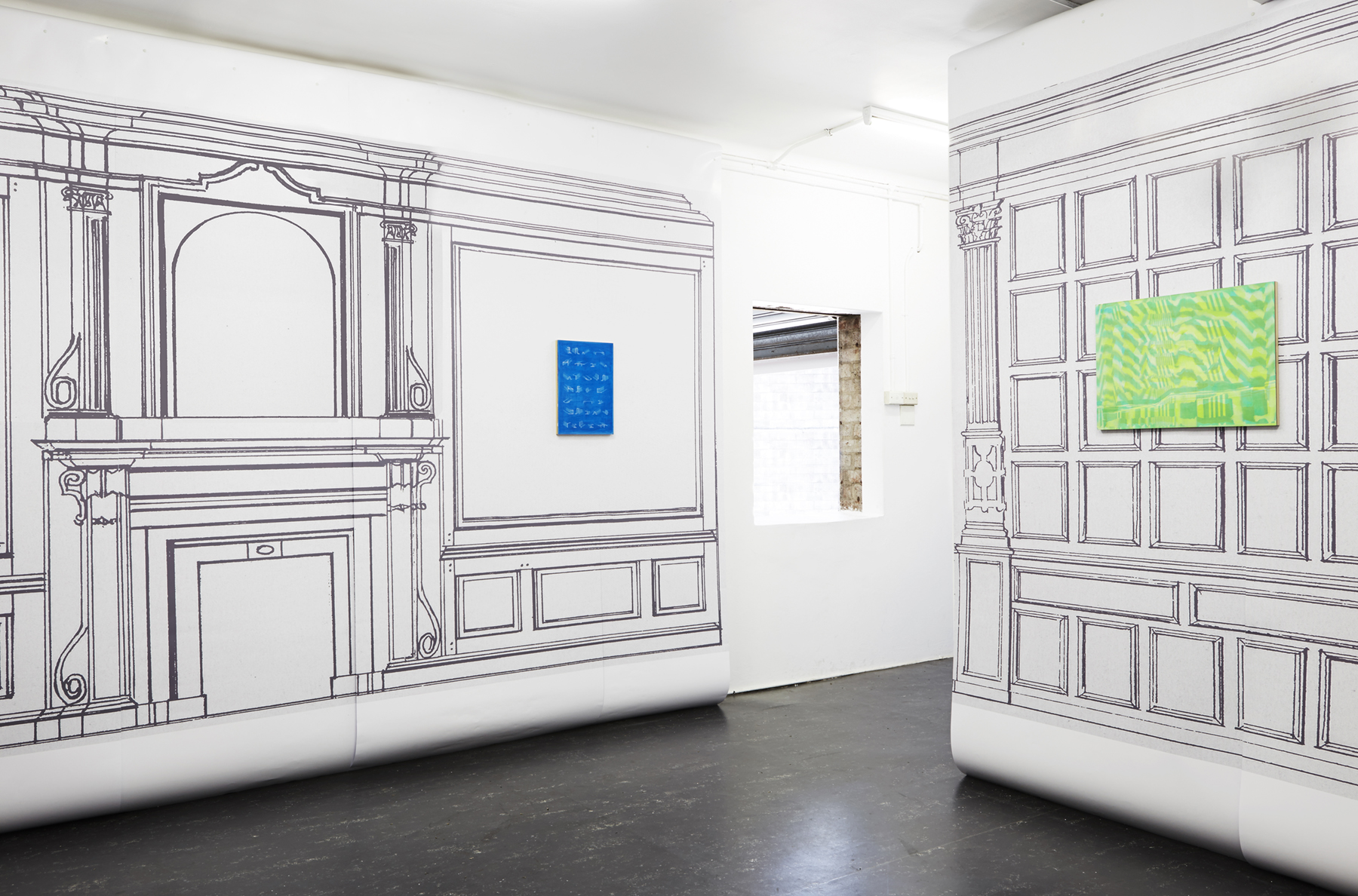 Installation view, 2014, silkscreen ink and acrylic on panel, hung over inkjet print on paper, dimensions variable