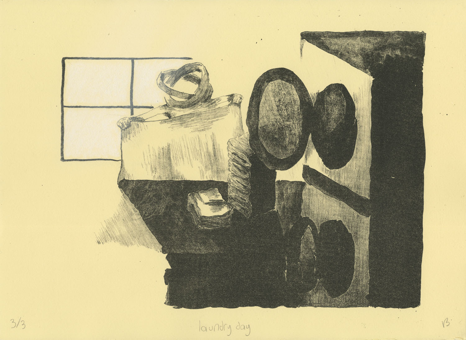 Laundry Day2022, Stone lithograph, black ink on cream paper with white chalk pastel, 11x15