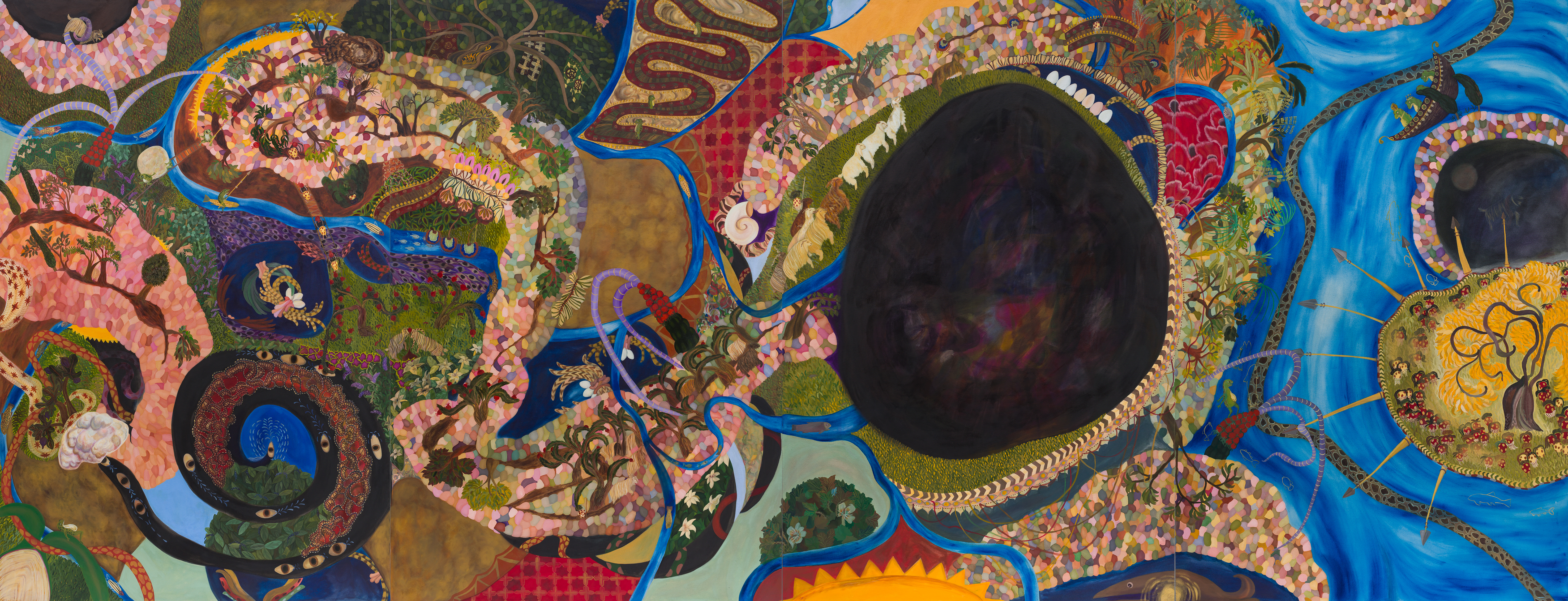 Facts and hearsay — an encyclopaedia of various natural and less natural phenomena, acrylic on canvas, 196 x 508 cm, 2024, image courtesy of Alexander Berggruen Gallery, photography by Mark Blower