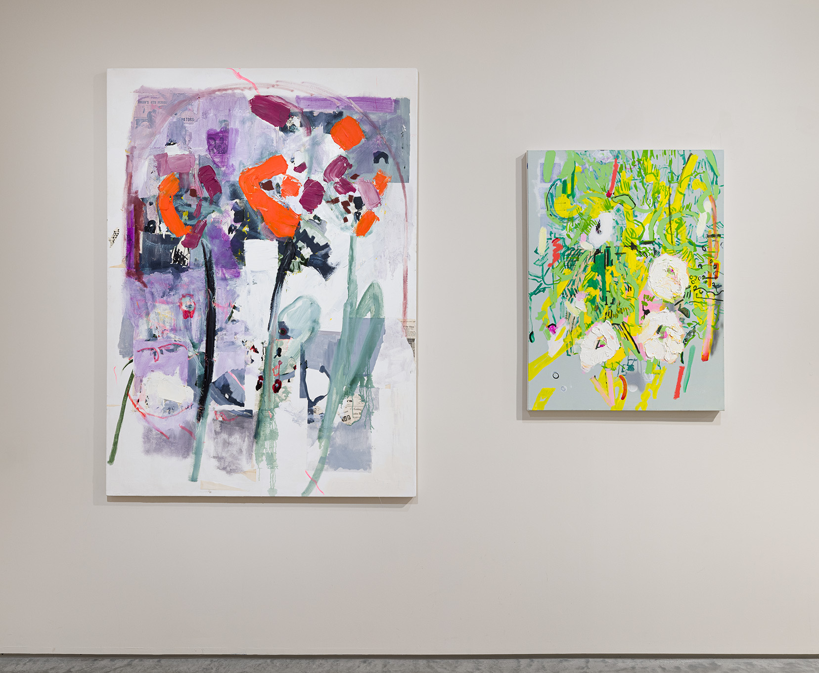 Left: Julia Goddard, "X", 2022, Radio broadcasting boxing ephemera, wax, oil marker, oil on canvas, 66 x 44 inches. Right: Julia Goddard, "Fleurs of Auvres", 2021, Acrylic, spray paint, oil marker, and oil on canvas, 40 x 30 inches. Image by Etienne Frossard.