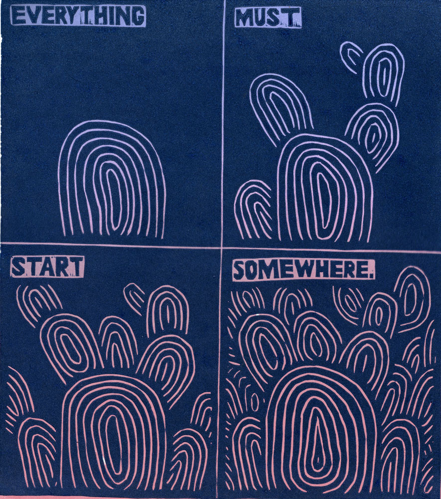Everything Must Start Somewhere, two-layer linocut