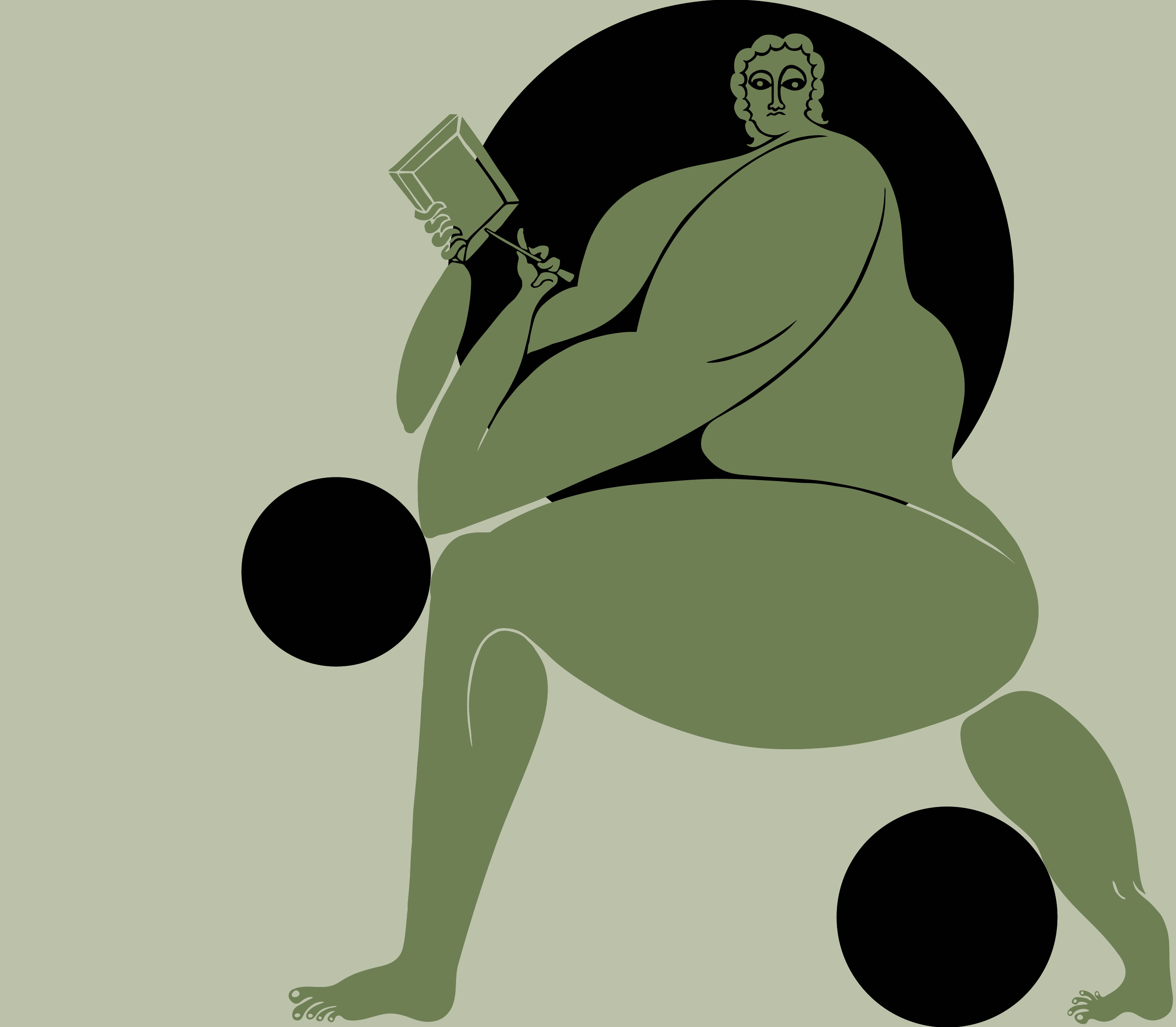 A green-toned illustration of 'Calliope' the ancient Greek muse of epic poetry; she holds a stone tablet and stylus.