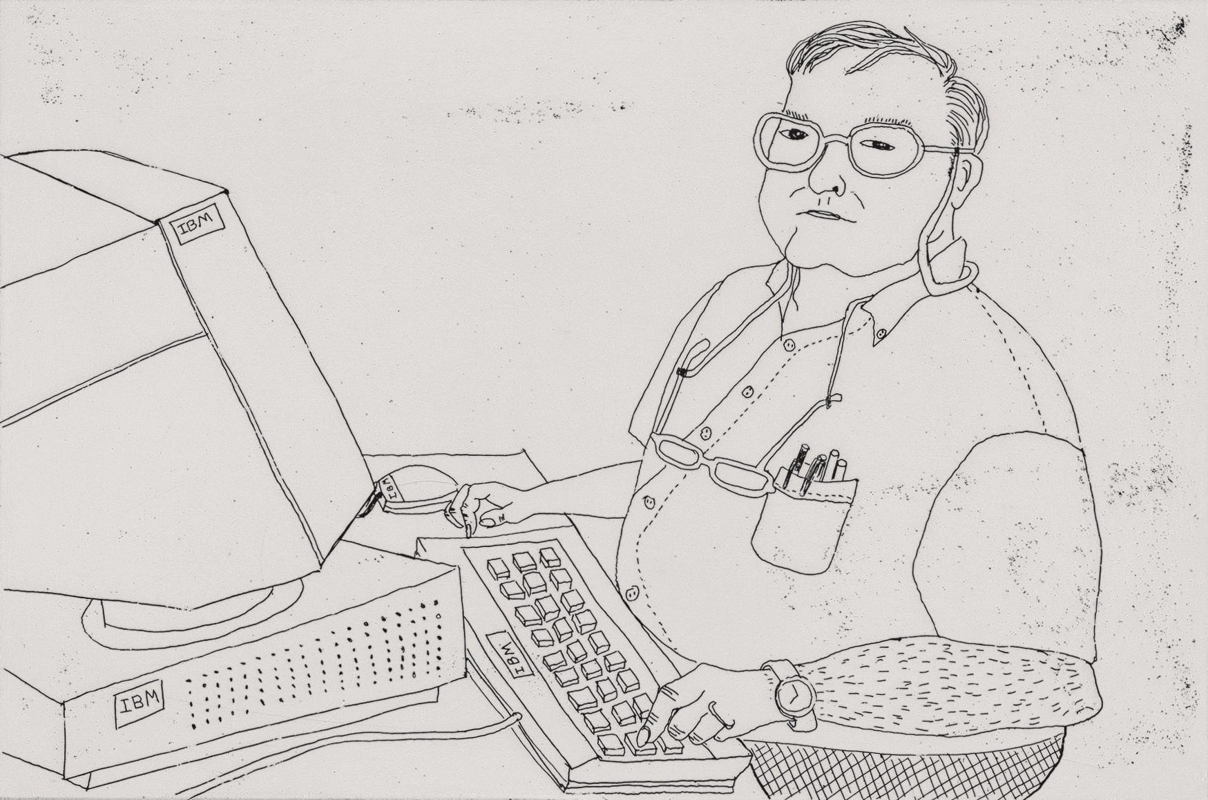 Man Librarian, 2003. Etching; 4 &times; 6 inches