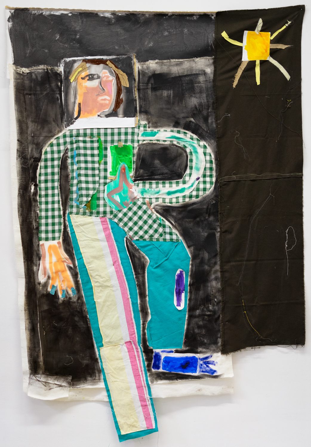 Nightwalk, 2022Oil,  preprimed linen and various fabrics sewed collage200 x 175 cm