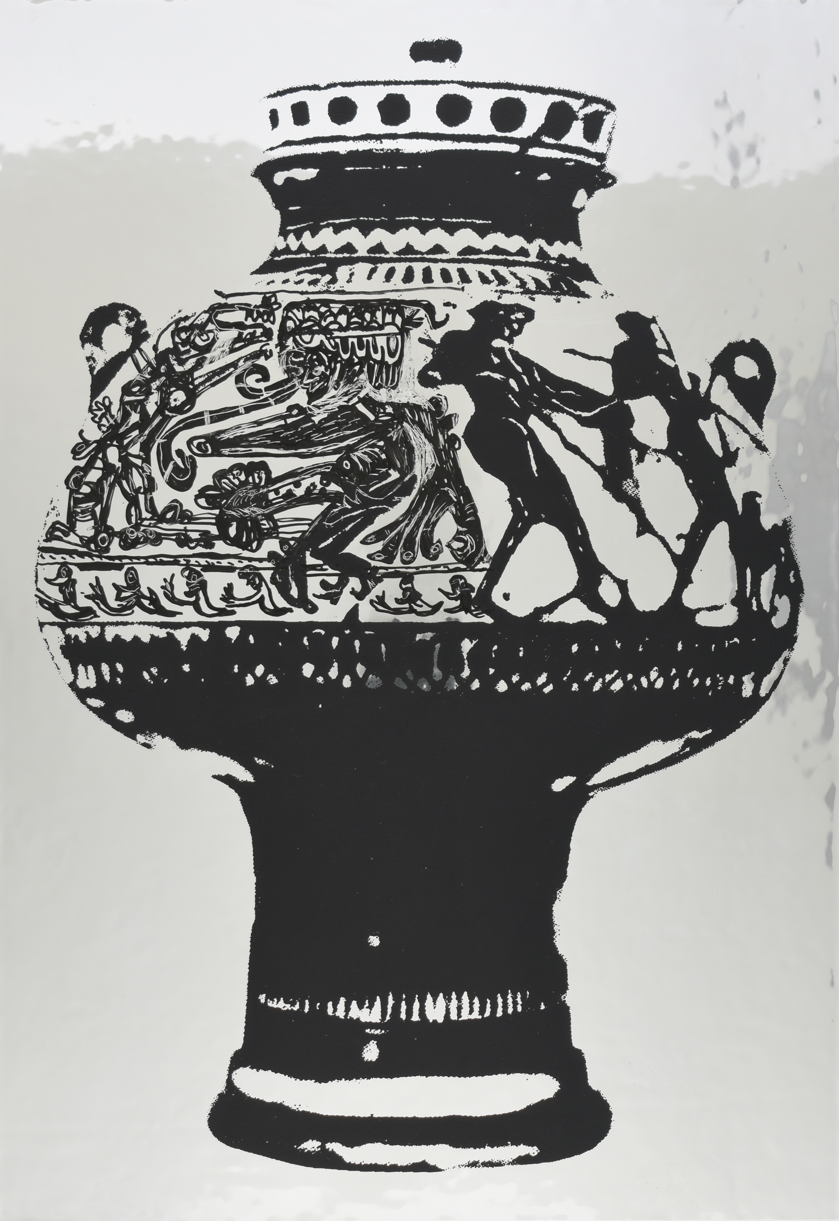 302896 (M.DR.01) Body: Komos, Men, Some With Lyres, Some With Staffs, Some With Dogs, Nonsense Inscriptions, Screenprint and acrylic drawing on double aluminized polyester film, 12.5 x 8.5 in., 2024