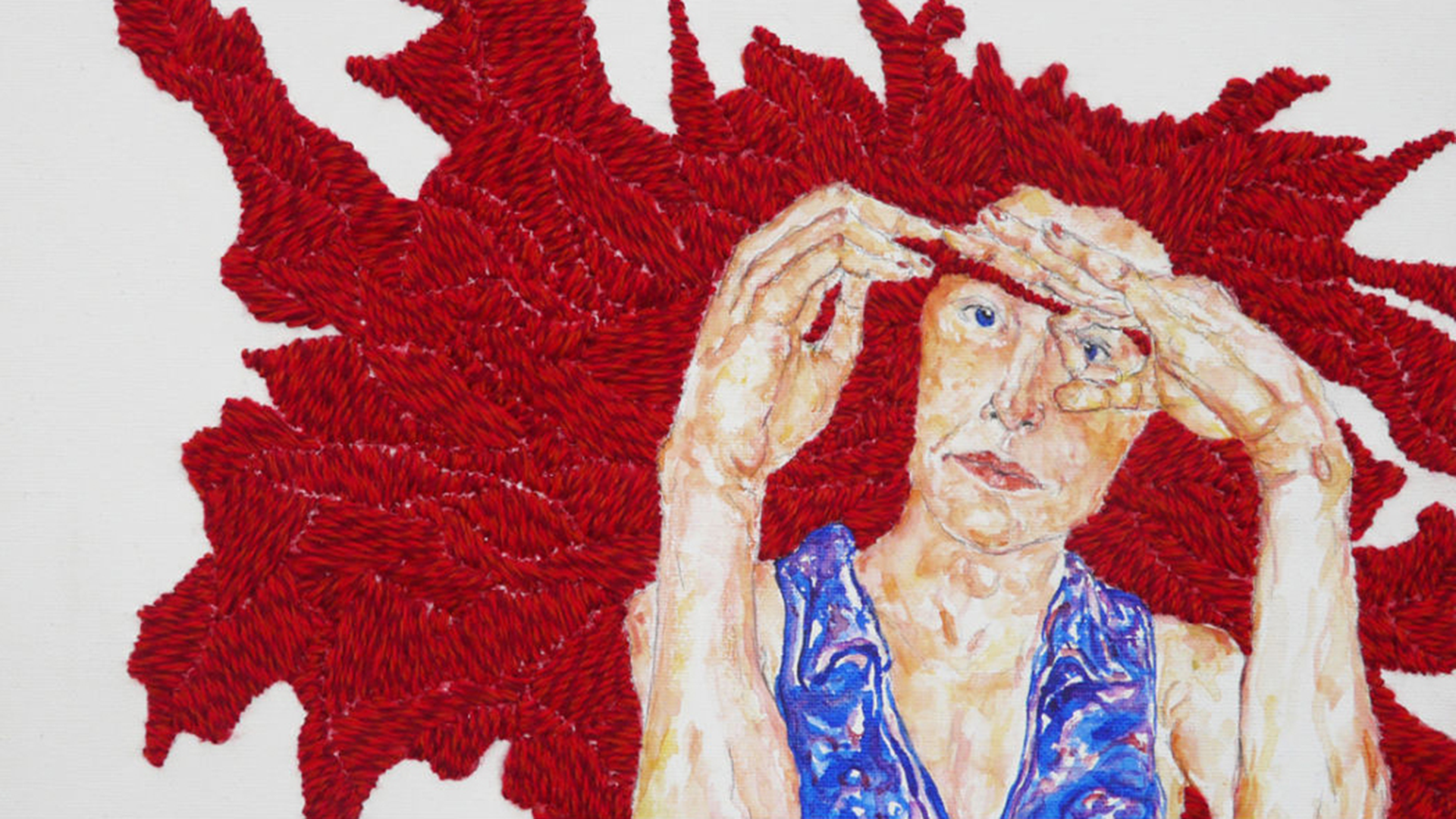 ID: Mixed media illustration of a woman's head and shoulders. She is holding a strand of her red hair in front of her. Behind her, her hair fans out. The hair is embroidered.