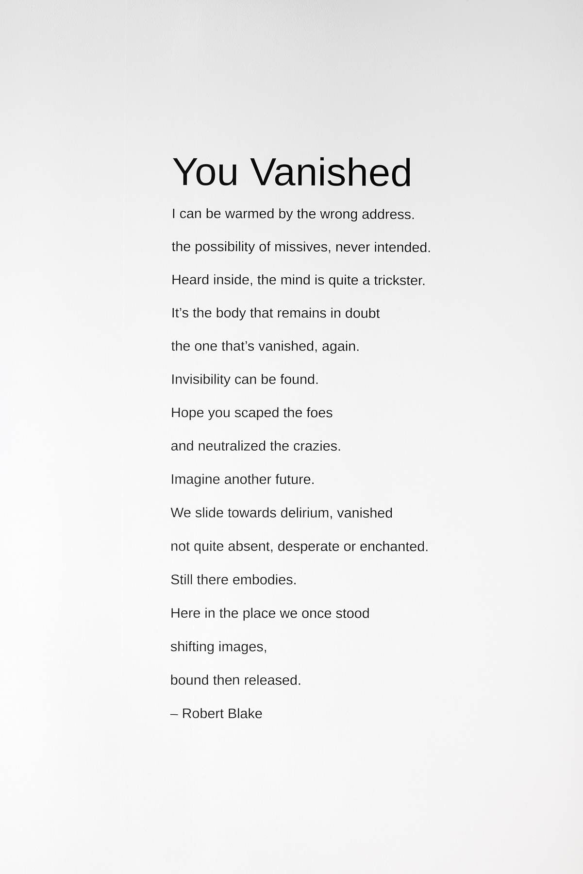 Robert Blake, "You Vanished." Wall text from solo show ORACLE at Chez Arthur et Janine, Arles 2012