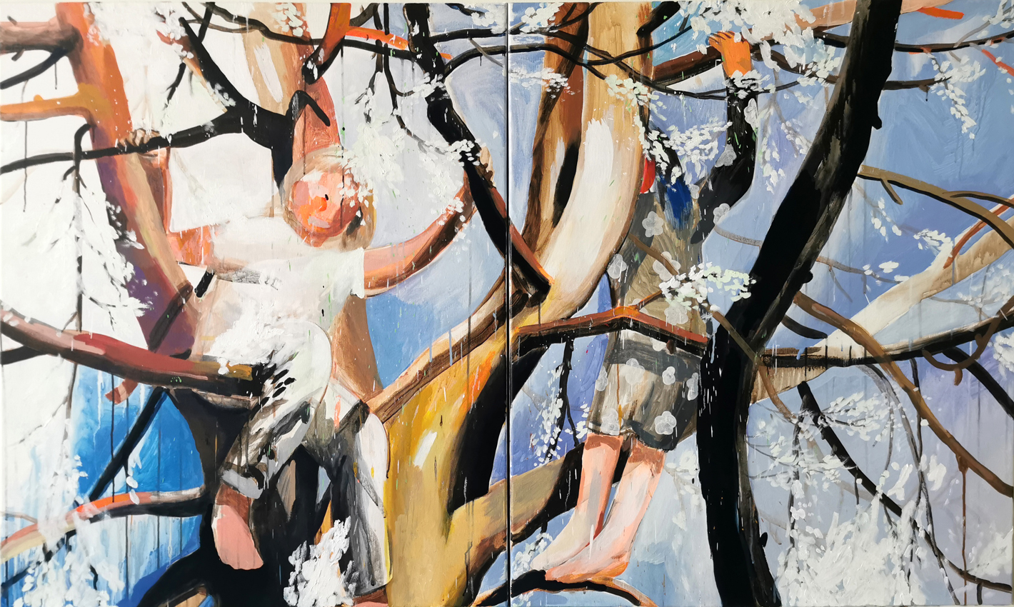 On a tree, acrylic and oil on canvas, 120/200 cm