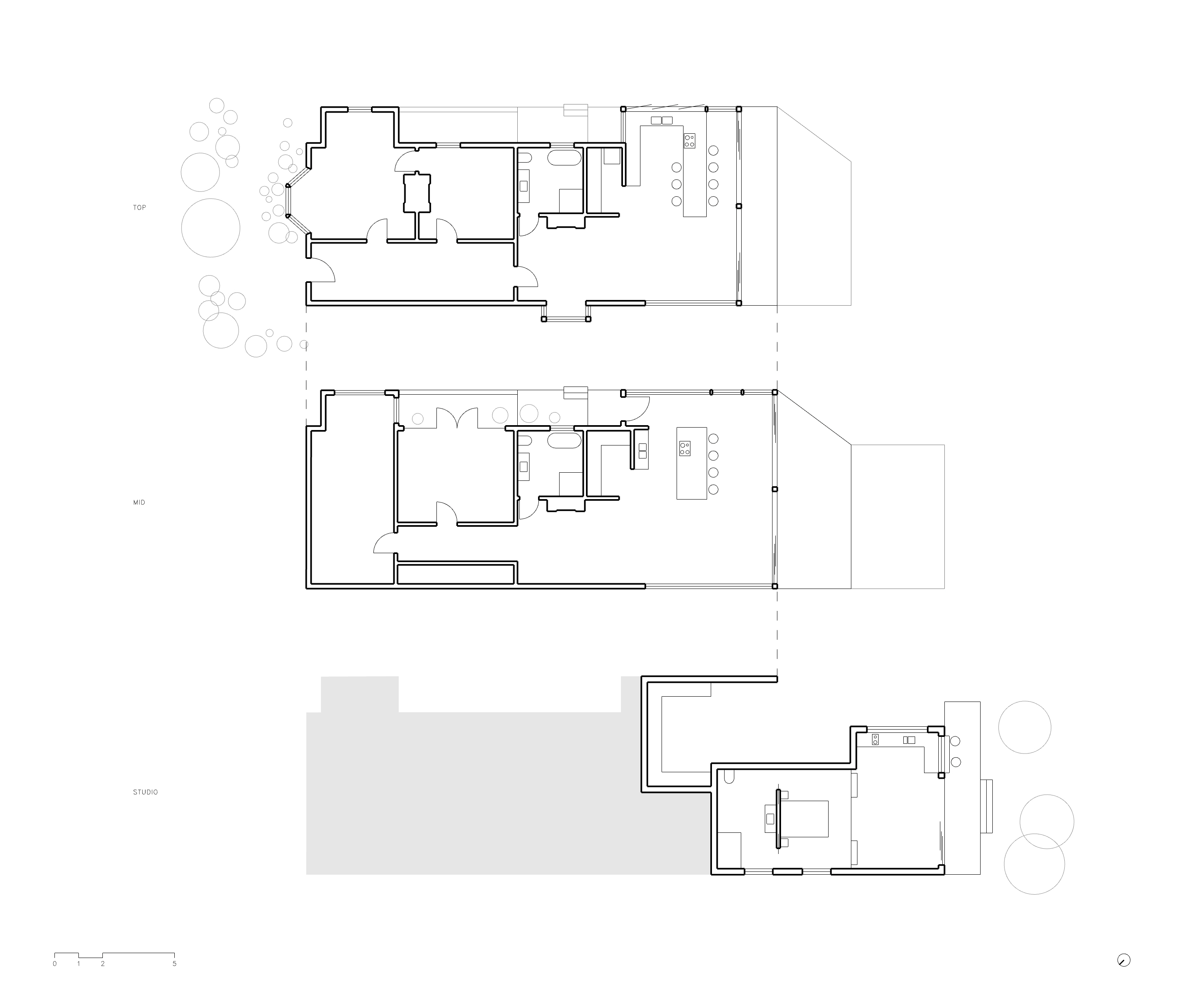 We split the 4-bedroom, 2-storey cottage into 2 self-contained 2-bedroom flats and added a garden studio — a vertical duplex-and-a-half. This strategy has allowed for a range of family living configurations across three generations, absorbing all of life’s big changes: downsizing, upsizing, interstate moves, itinerant children, new grandchildren and retirement, as well as accommodating extended family and guests.