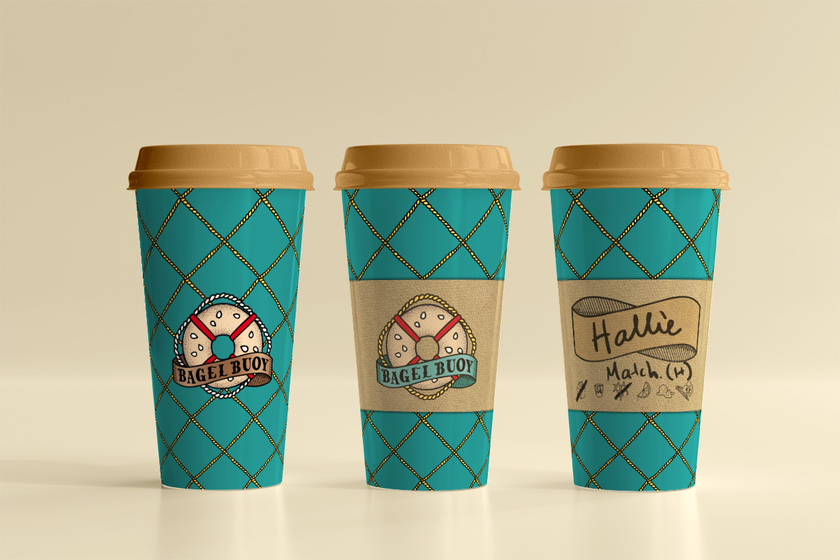Three coffee cups with brand logo