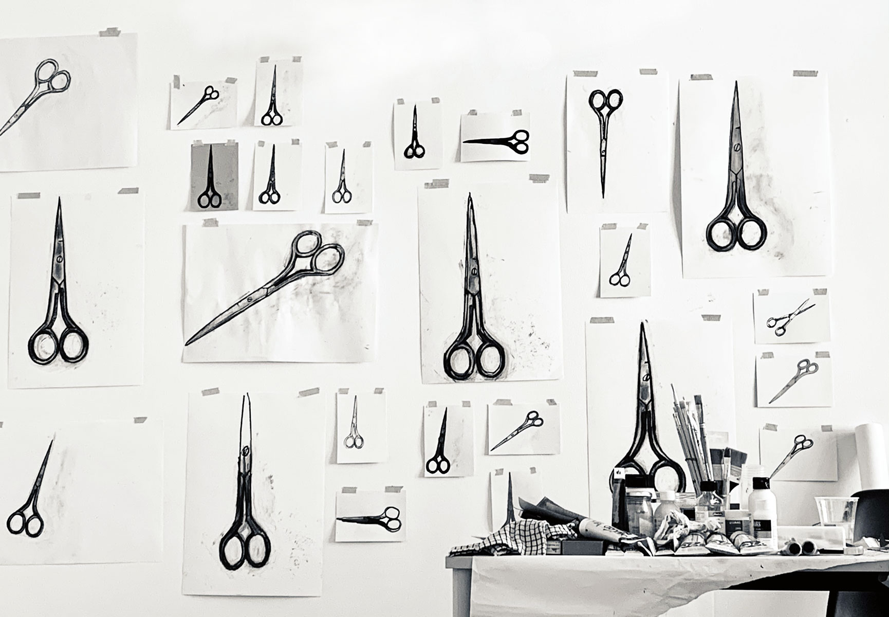 1/26 — SCISSORS.During her residency at the MQ21 in Vienna, Austria, as part of her Fulbright Independent Scholar appointment, Quinn began working on a companion drawing project to The Haircut while conducting new research on women's representation in media.  Charcoal, drawing pens and markers, oil pastel, paint, and pencil, the group of seventy-some drawings ranges in size from A5 to A2 on various papers; 2021-ongoing.