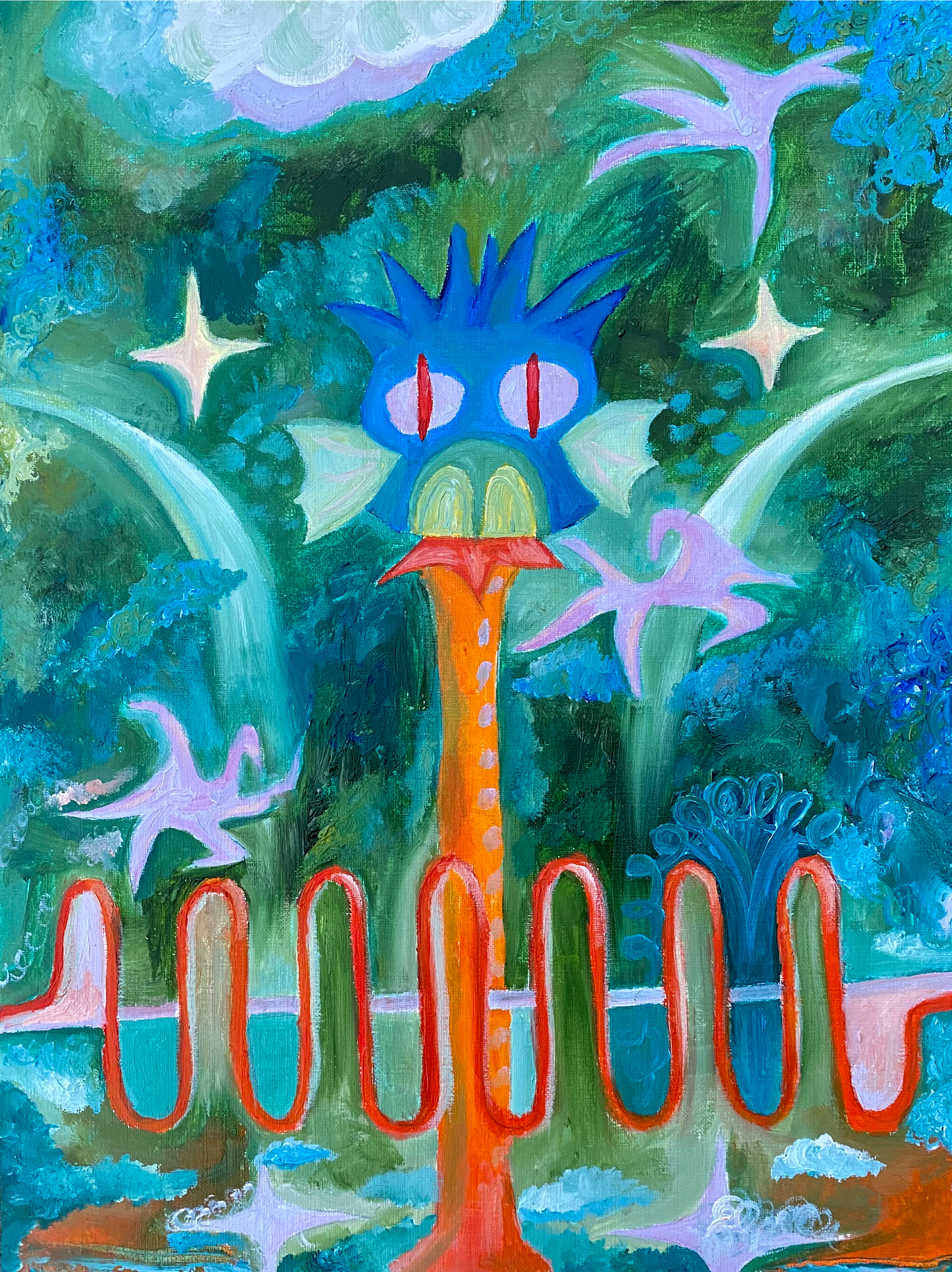 Glow puffer fish brain stem PEZ dispenser underwater grove, 2020, acrylic on canvas board, 12x16"