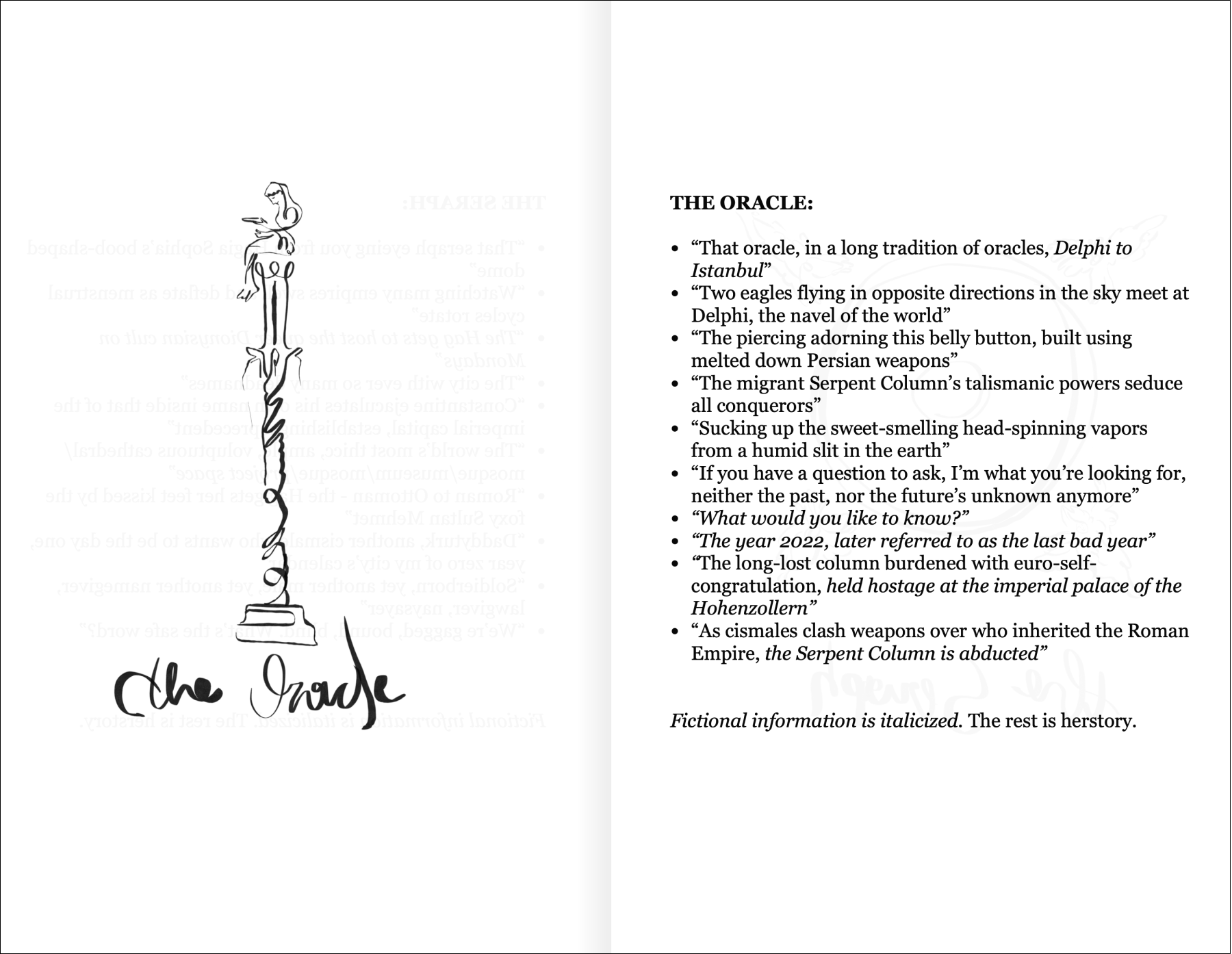 The Seraph’s song titles, from the performance booklet, The Seraph and The Oracle, 2022