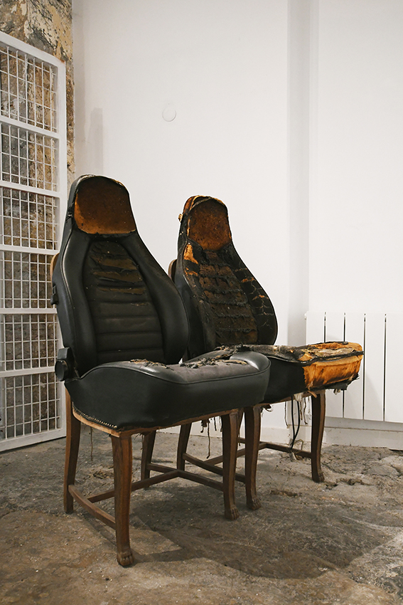 Together, 2021, 130 x 62 x 65 cm each, seats from a crashed Porsche on old chairs, unholster nails