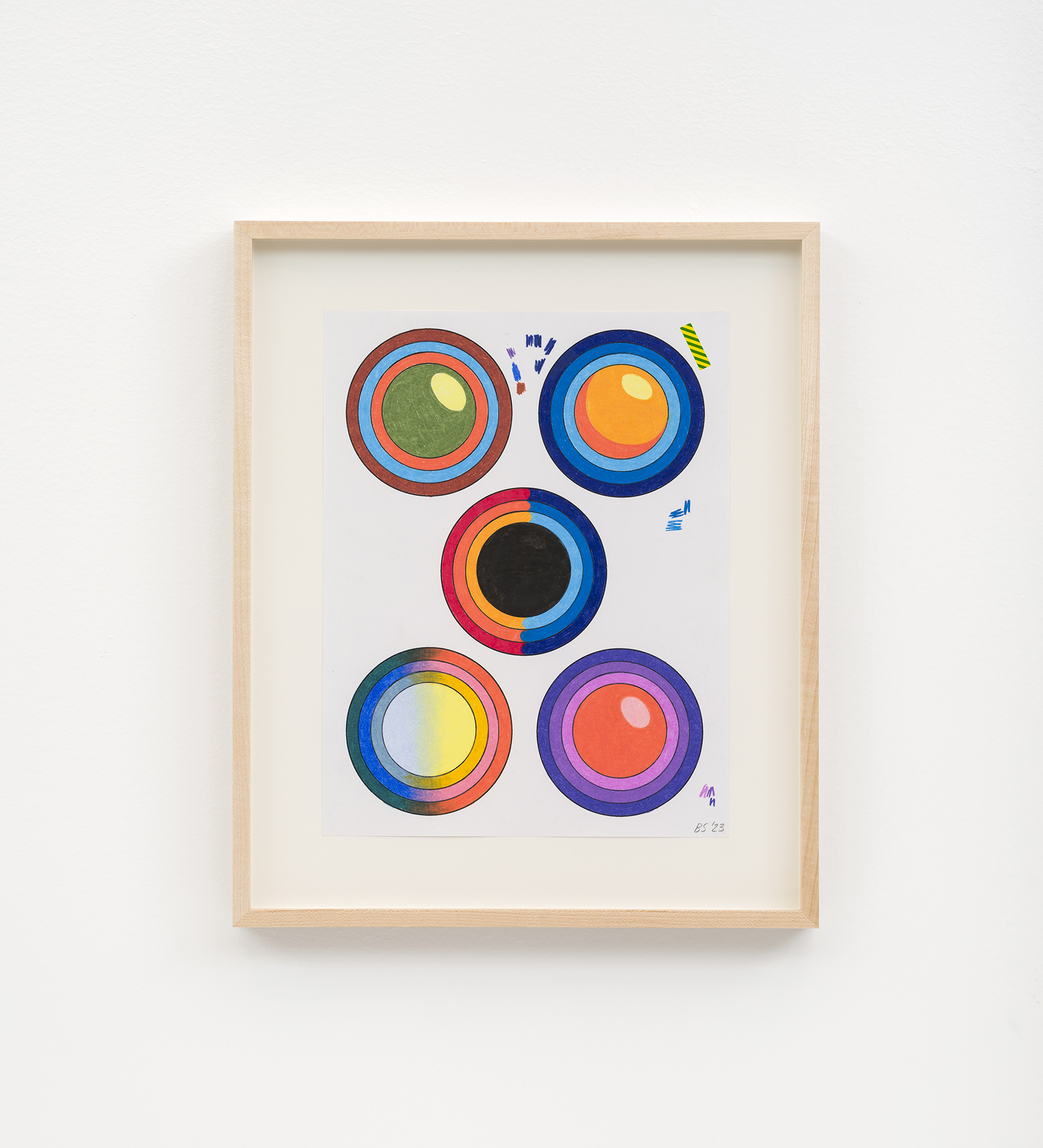 Study for Atoms, 2023, ink, colored pencil, decals on paper, 8.5" × 11"