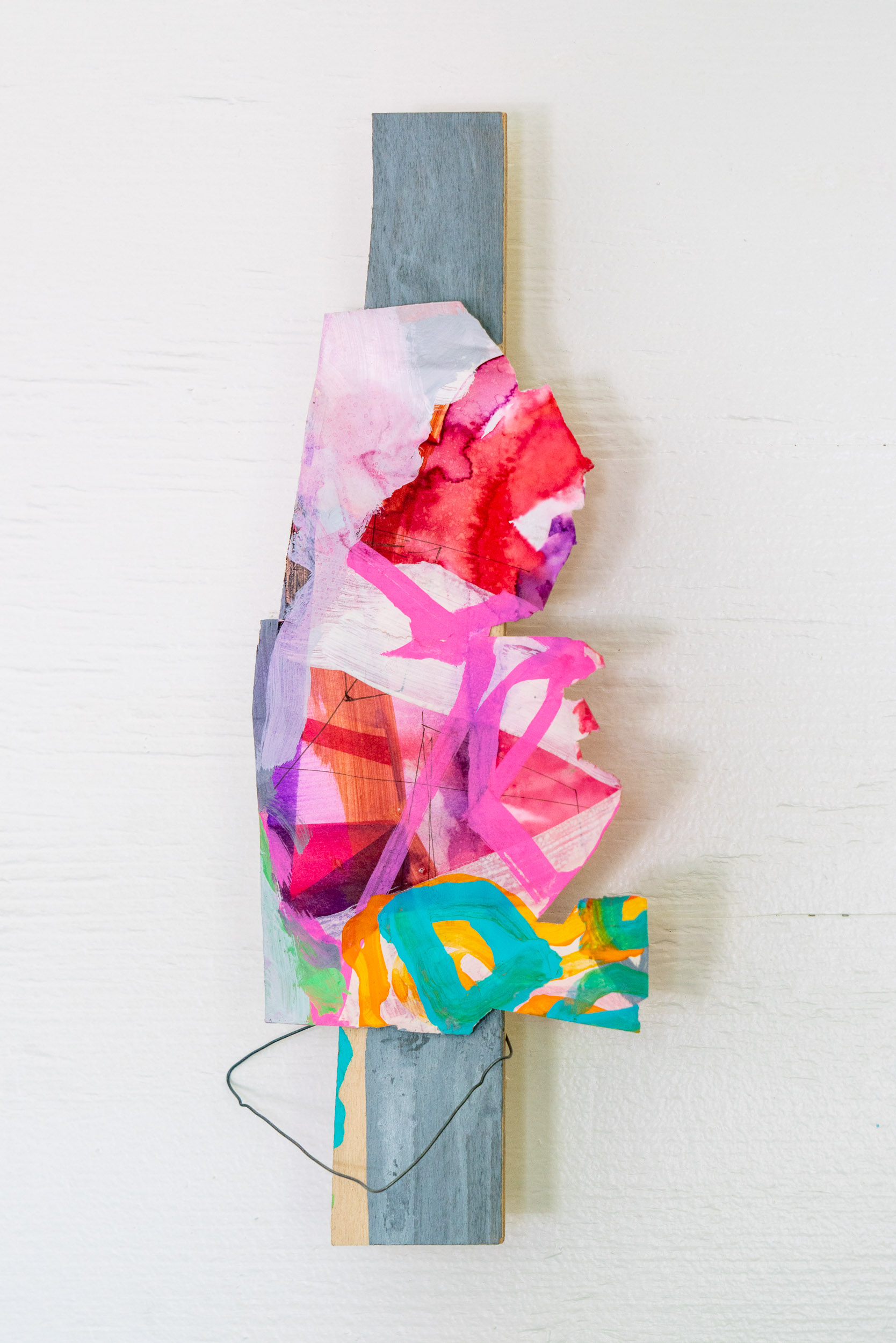 2019, acrylic, watercolor and ink on paper on wood, 13 x 6 x 1.5 inches