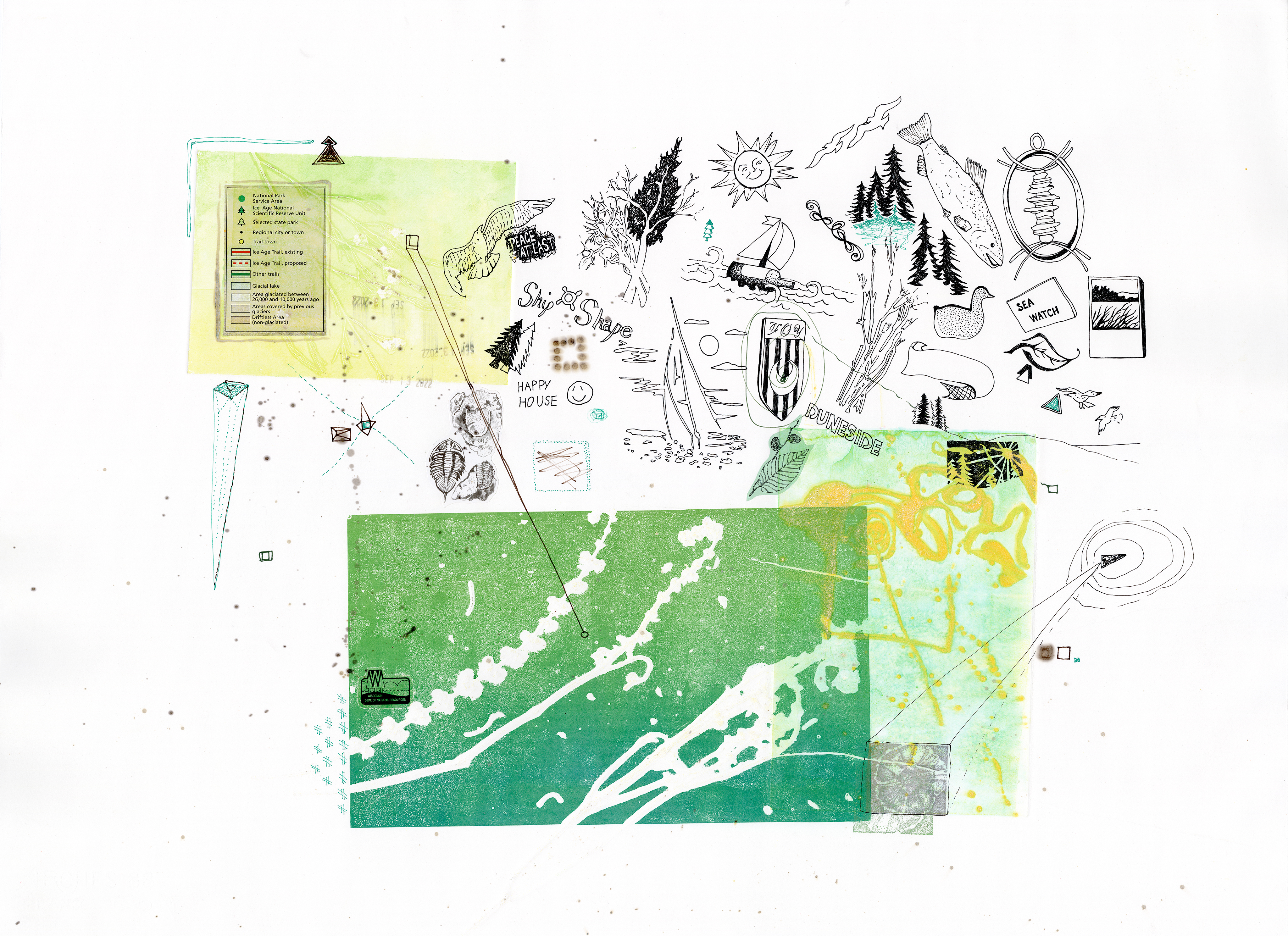 Drawing 31/56 from 56 days at the Dome House 22.5 x 30 inches, ink, Chine-collé, etching and stamps on Arches 88 paper - BUY