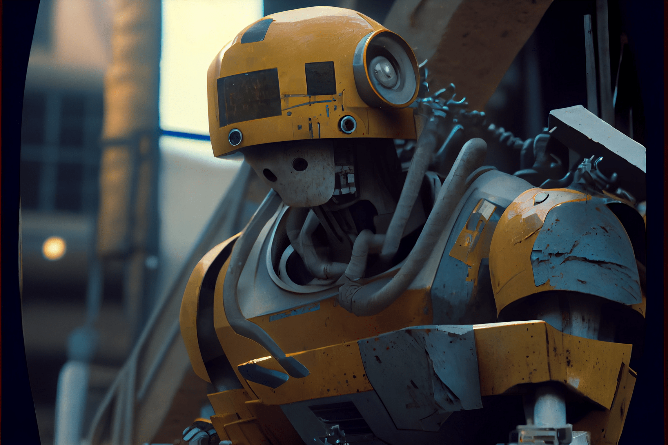 Robotic humanoid construction worker. AI generated, Midjourney.