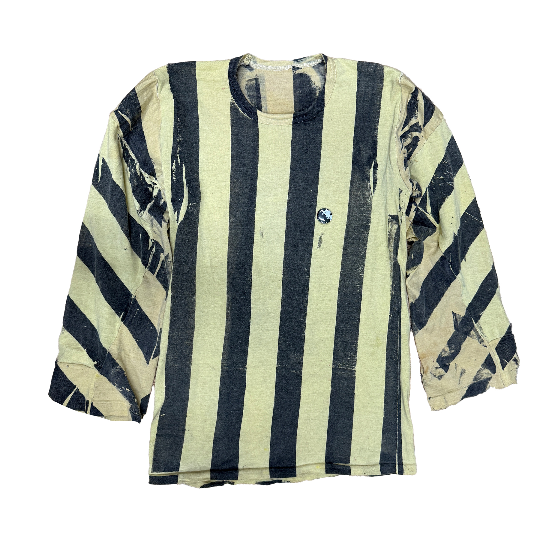 reclaimed vintage surplus thermal shirt tailored to have a boxy fit and wide sleeves. Allover printed with stripes using textile dye