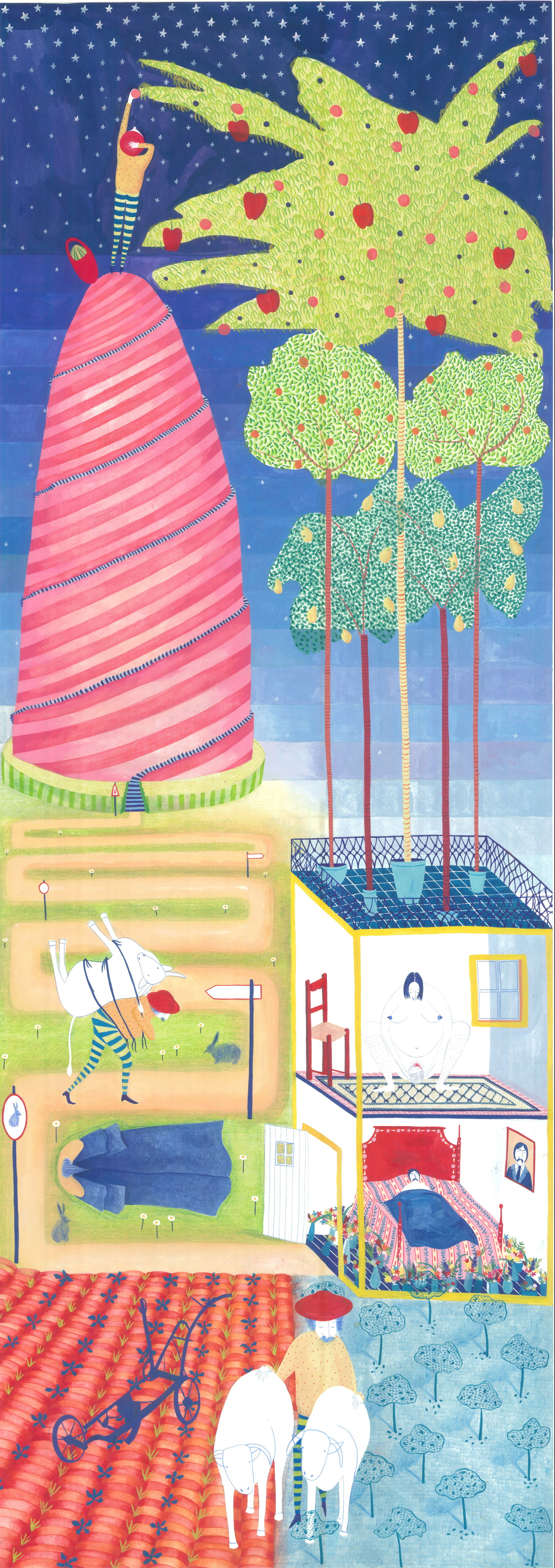 A Peach Tree Full of Apples; gouache and pencil on paper; 74 x 209 cm
