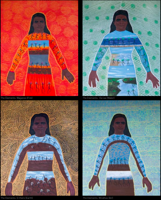 Julie Dowling, ‘The Elements: Ow'wa (Water)’ and ‘The Elements: Wajjanoo (Fire)’ and ‘The Elements: O-thero (Earth)’ and ‘The Elements: Windhoo (Air)’, 2008, acrylic, polymer and ochre on canvas, 120 x 100 cm