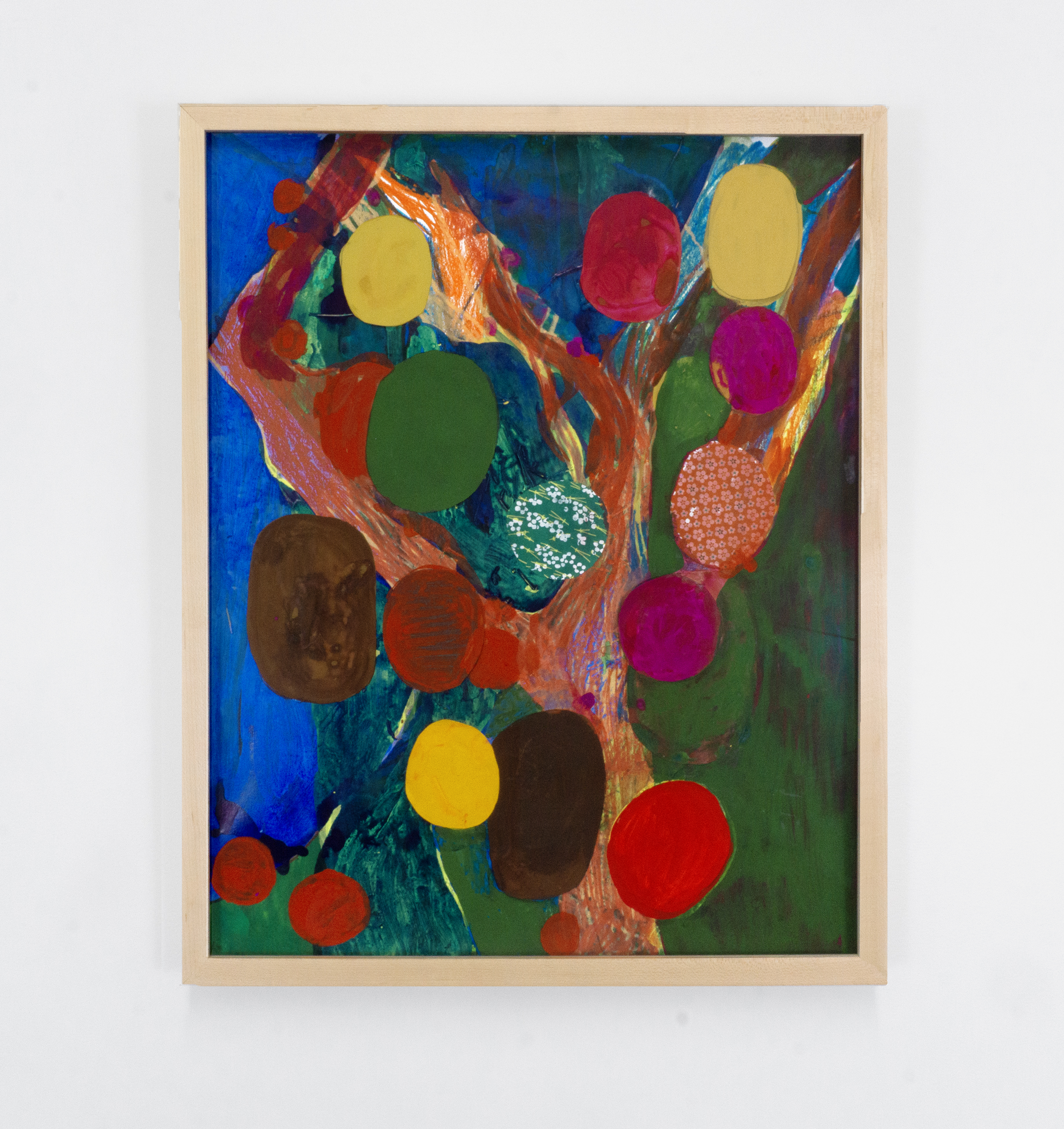 Apple Tree, 25 x 20", Gouache, wax pastel, grass and collage on paper, 2024