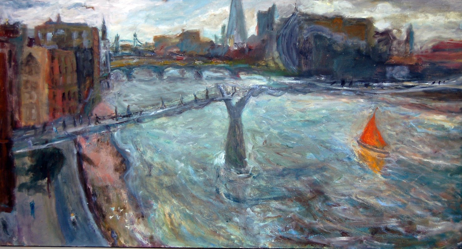Boat with an orange sail, oil on canvas, 69 x 130 cm art residency City of London School