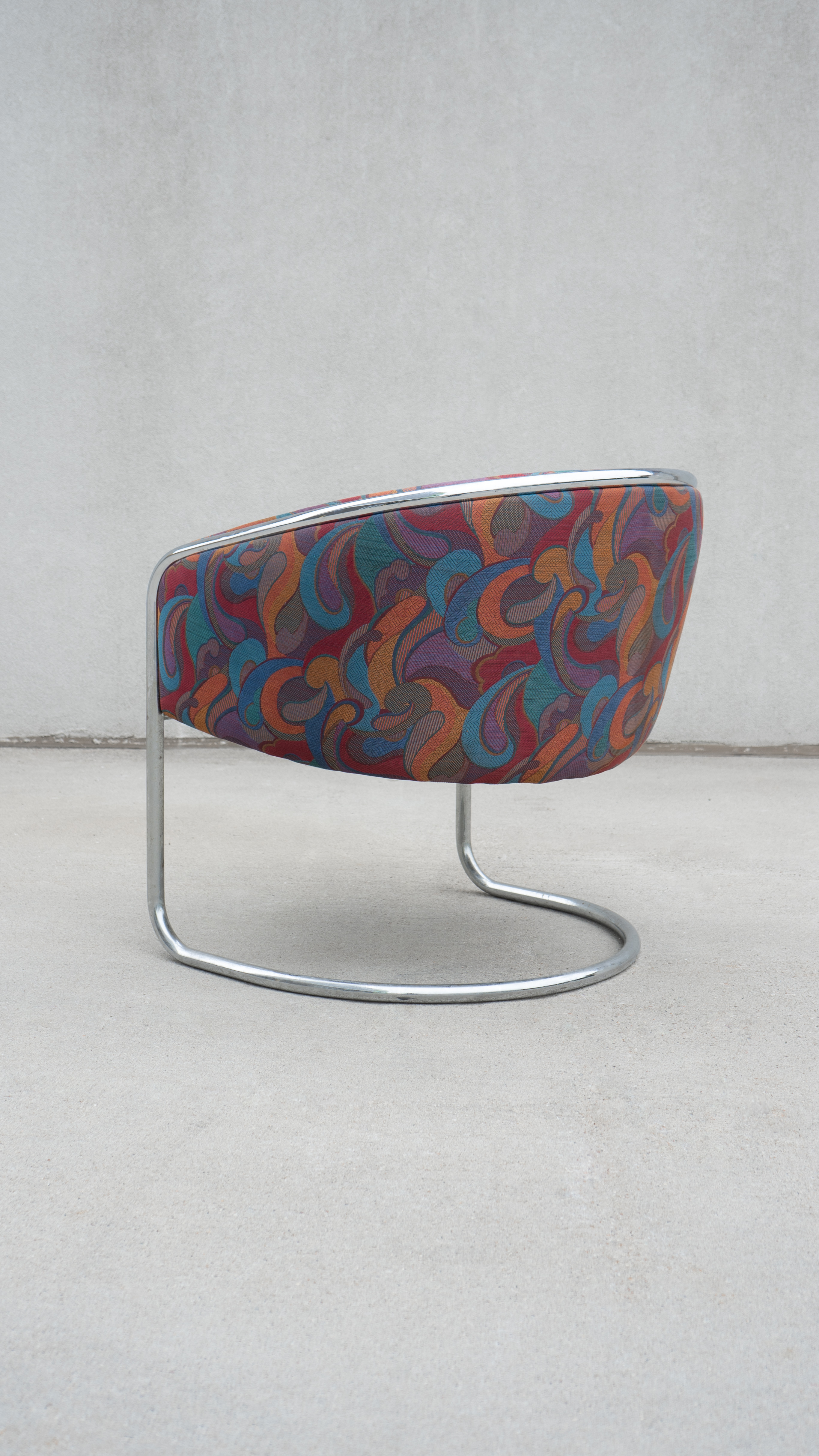 SWEETERFAT THONET CLUB TUB CHROME AND PAISLEY LOUNGE CHAIR, CANTILEVER LOUNGE CHAIR BY JOAN BURGASSER FOR THONET