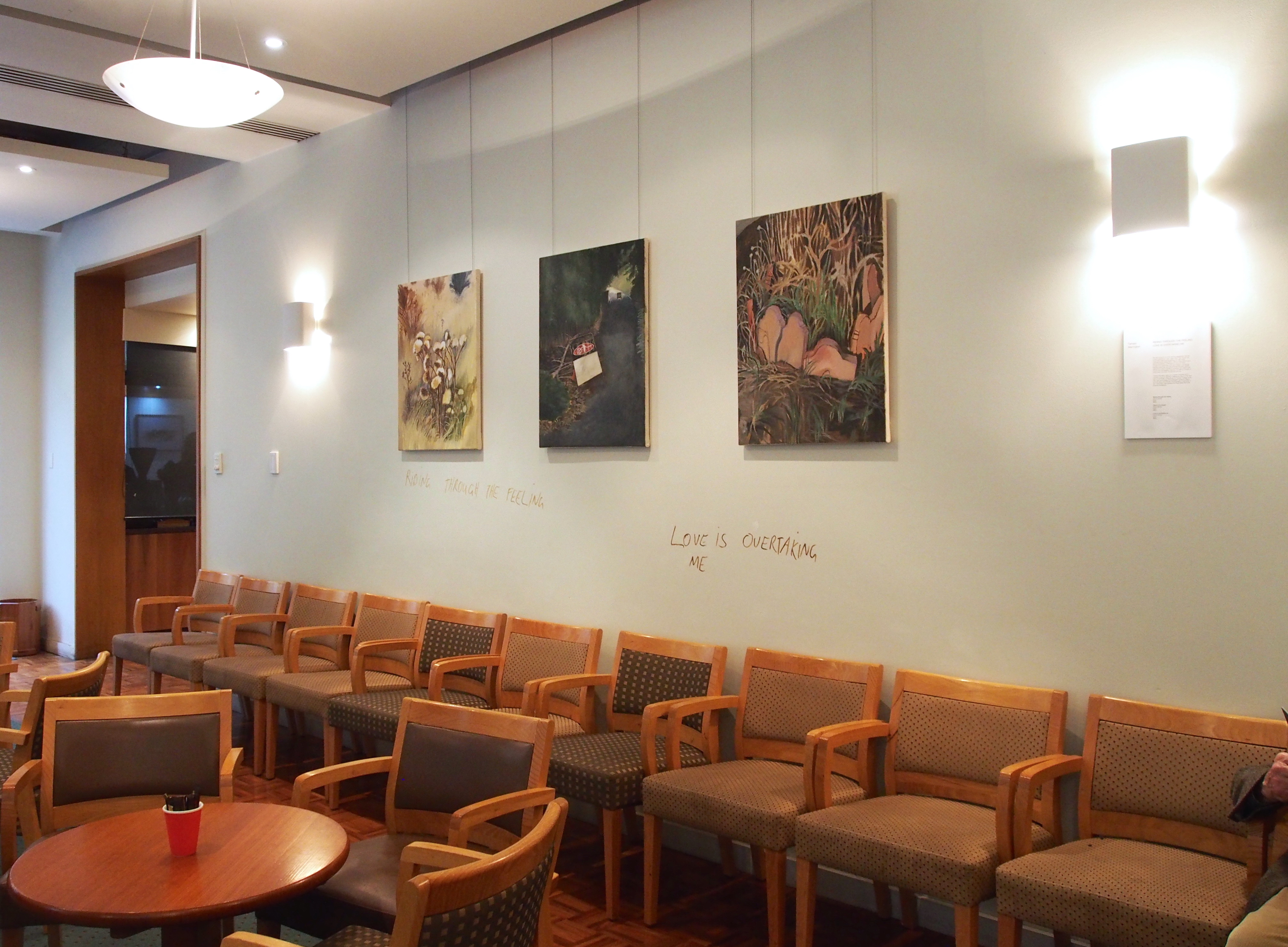 Installation view / Riding Thru the Feeling, oil on canvas, 57 x 76 cm / Warning, oil on canvas, 57 x 76 cm / Love is Overtaking Me, oil on canvas, 57 x 76 cm