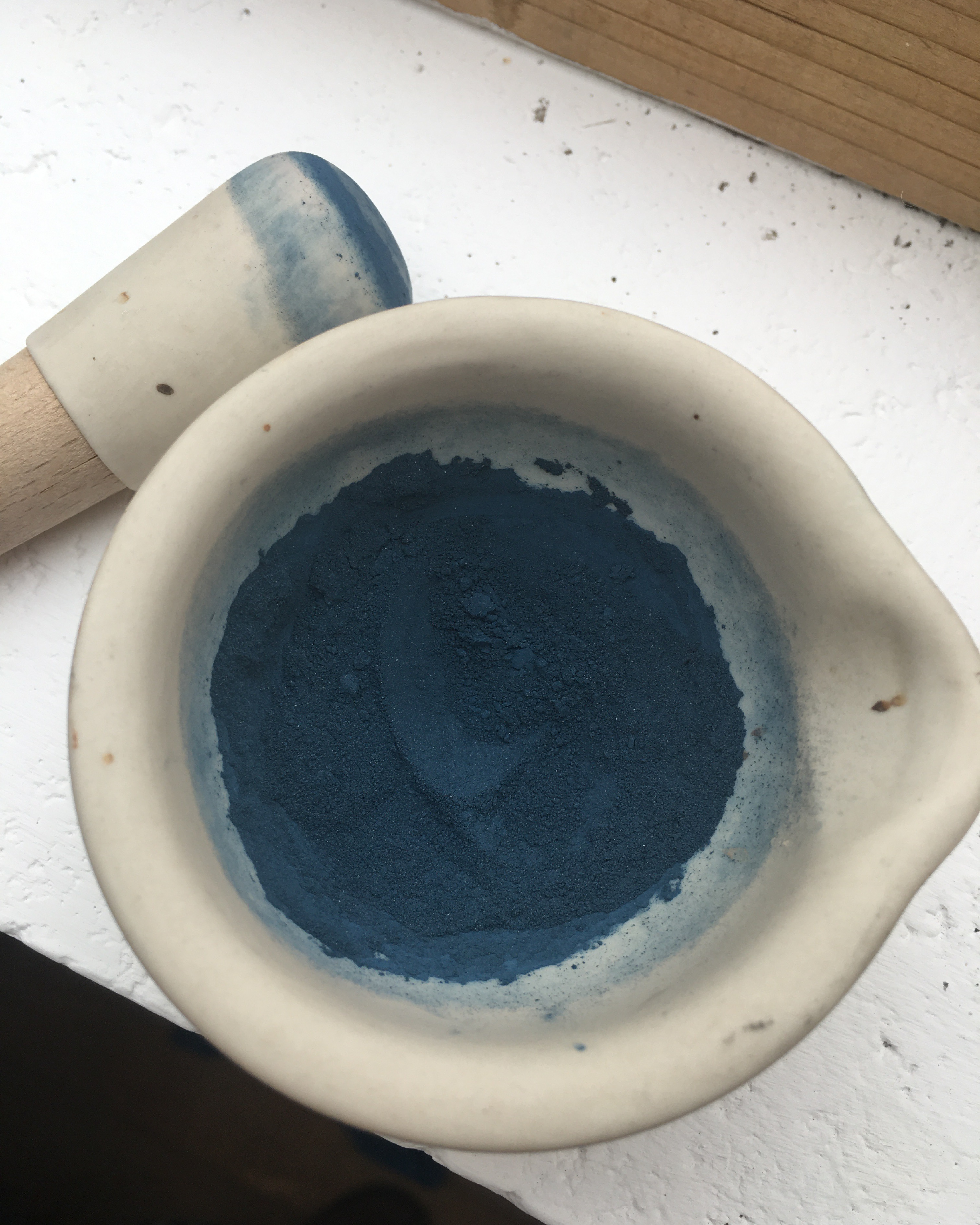 Finely ground pigment, ready for use in a reduction vat. This amount was processed from around 900g of harvested leaves.