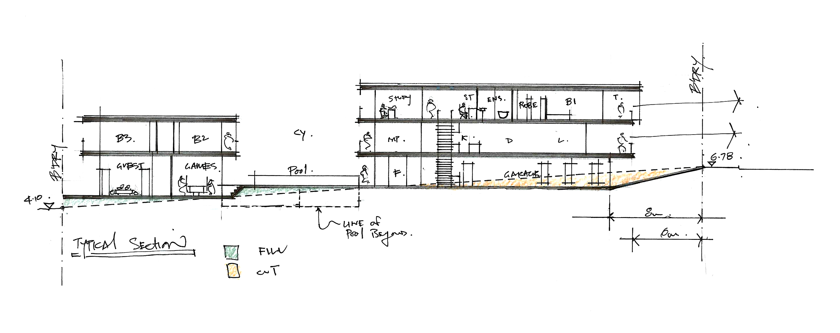Hand drawn typical section showing the internal living spaces of a large contemporary residence.